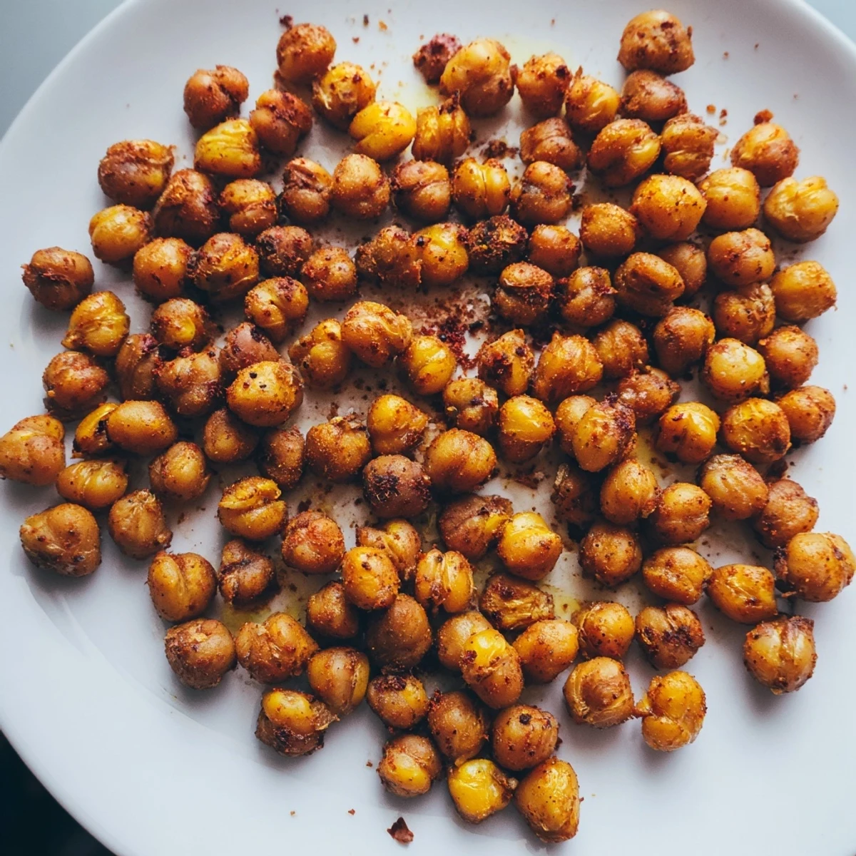 Crispy Cajun Spiced Roasted Chickpeas, seasoned with smoked paprika and spices, cooling on a plate for an easy vegan appetizer.  