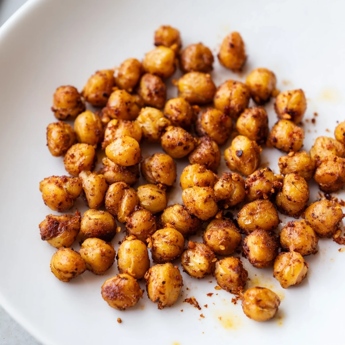 A close-up of Cajun Spiced Roasted Chickpeas with paprika, highlighting their crunchy texture and bold, savory seasoning.