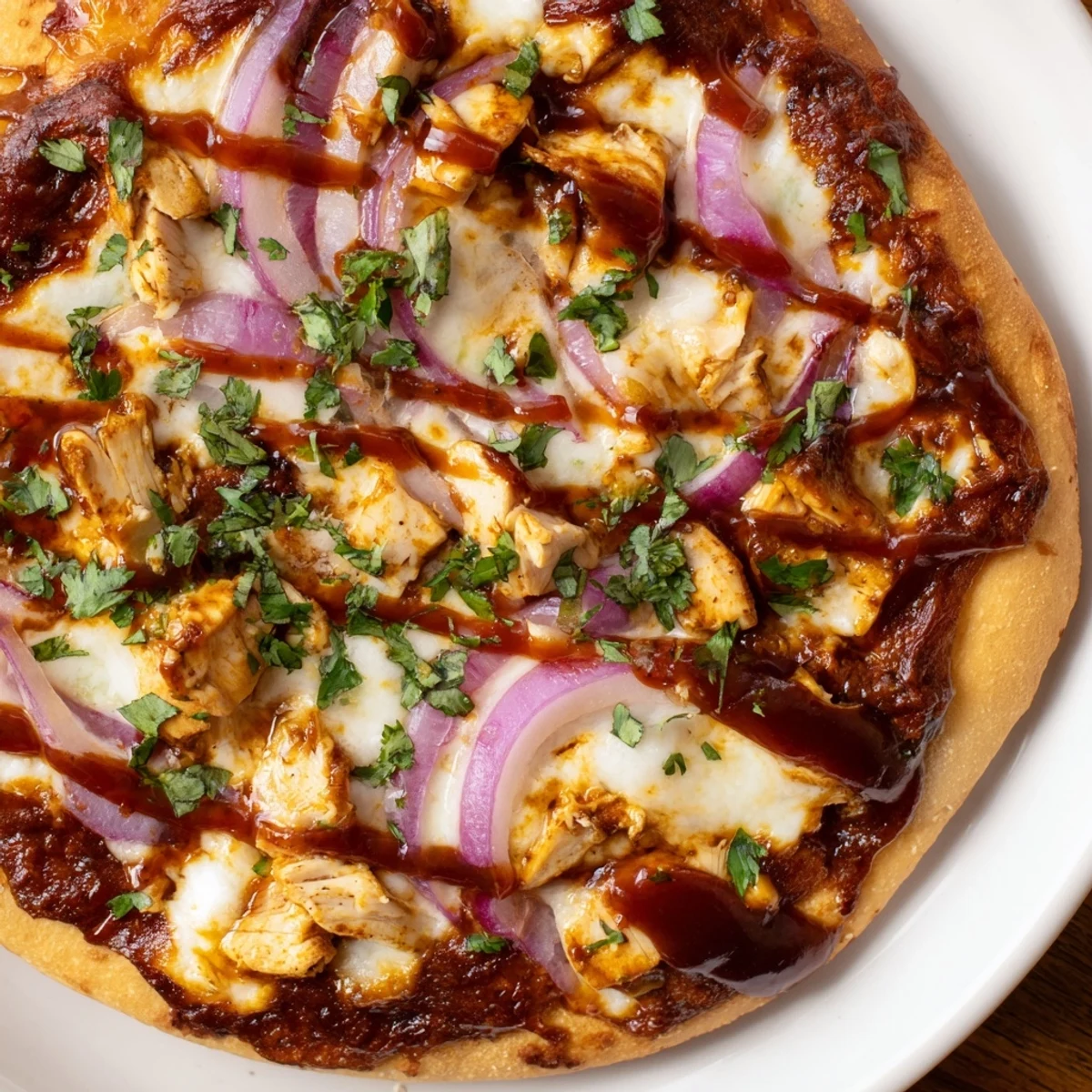 A golden-bubbly BBQ Chicken Pizza with red onion and cilantro, fresh from the oven, ready to slice.
