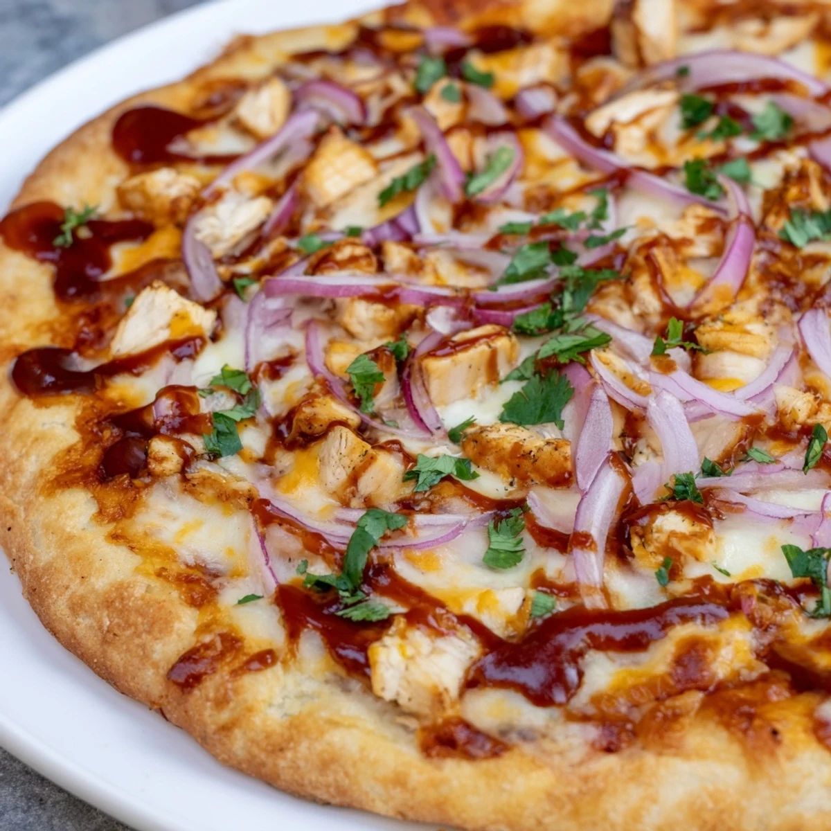 A close-up of BBQ Chicken Pizza with juicy chicken, red onion slices, and fresh cilantro on a bubbly crust.