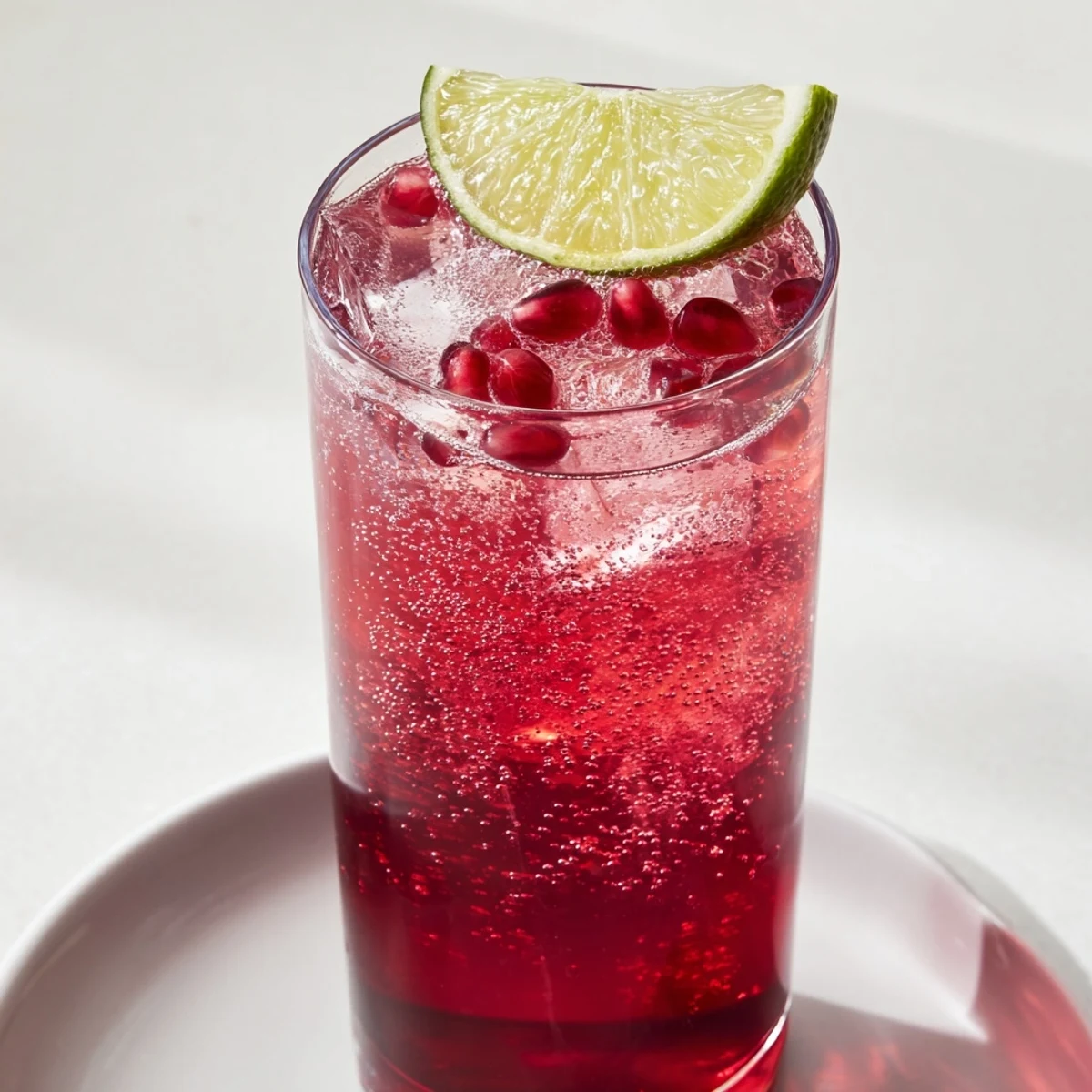 This refreshing, non-alcoholic Pomegranate Fizz Mocktail is topped with fizzy sparkling water and a fresh lime wedge.  