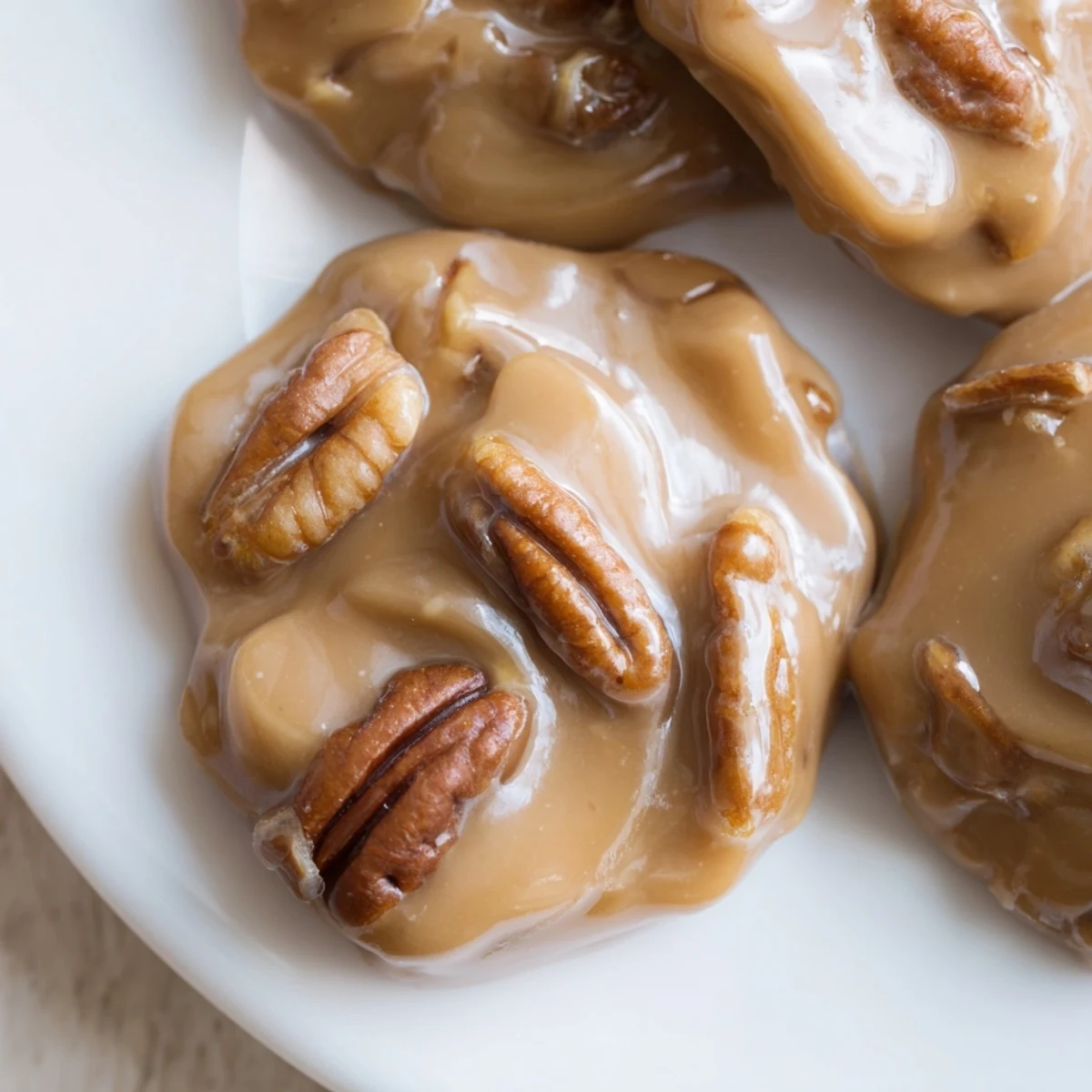 Glossy Mardi Gras Pecan Pralines with Cream rest on parchment, their caramelized edges gleaming with festive purple, green, and gold sugar sprinkles.