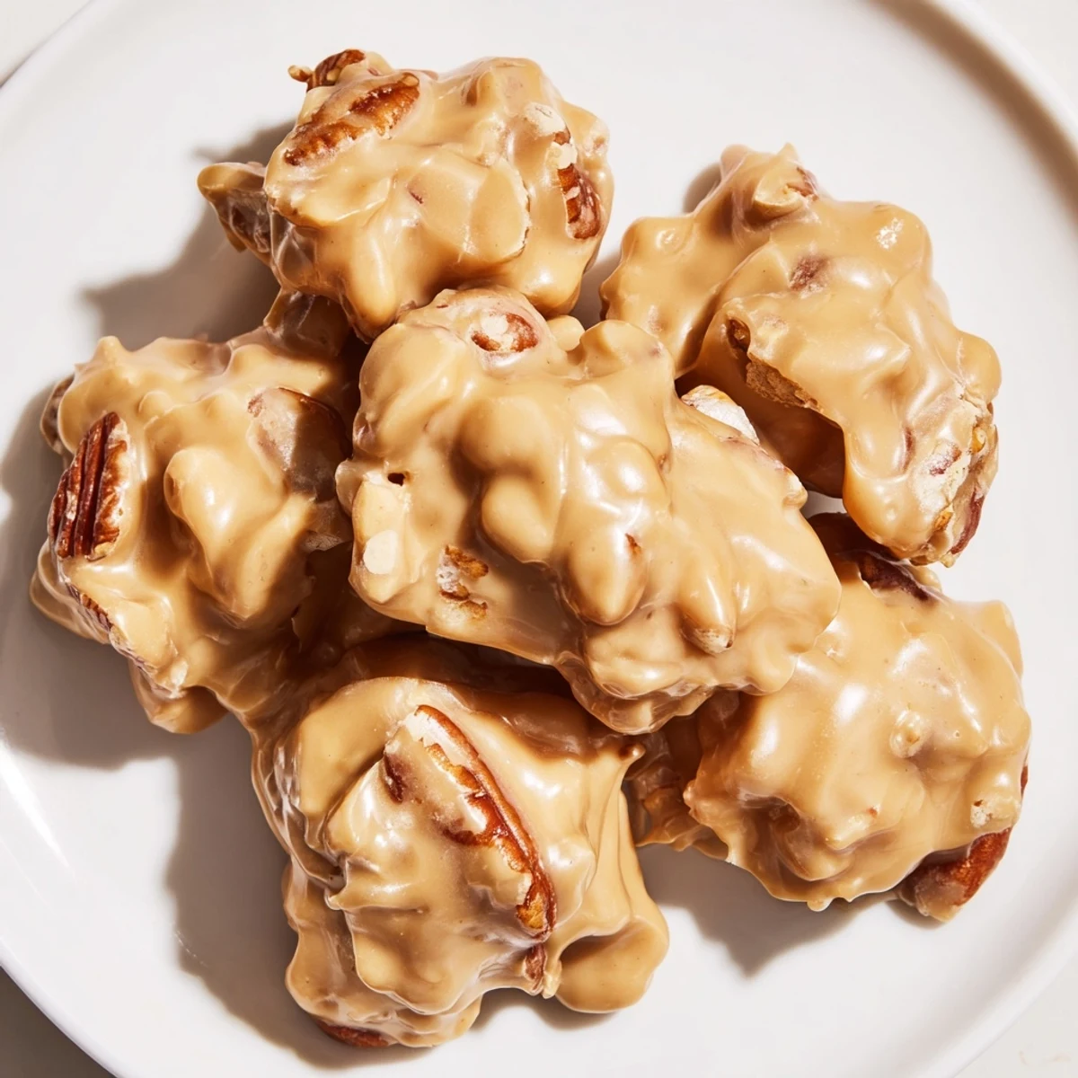 Stacked Mardi Gras Pecan Pralines with Cream show creamy, melt-in-your-mouth centers and toasted halves, perfect for a Mardi Gras dessert platter beside strong coffee.