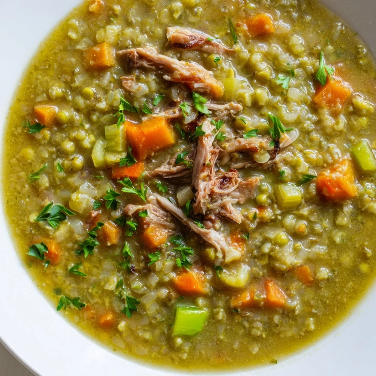 A close-up photo of Green Split Pea Soup with Smoked Turkey Leg in a rustic bowl, garnished with fresh parsley.