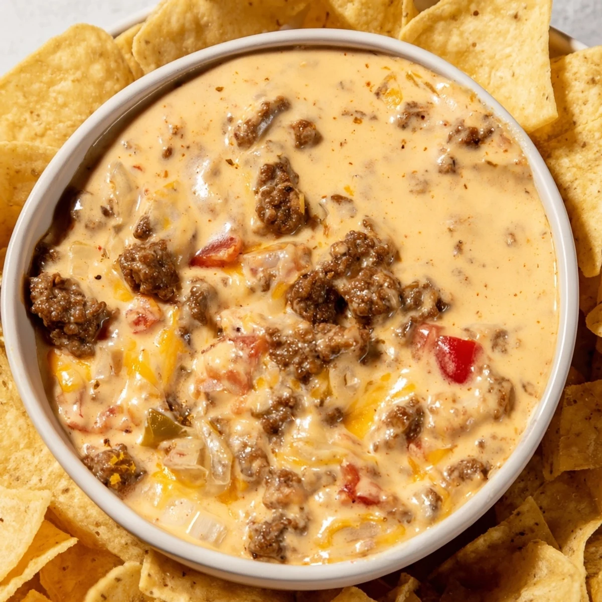 Creamy Beef Queso Dip with melted cheddar and seasoned ground beef, scooped with golden tortilla chips.