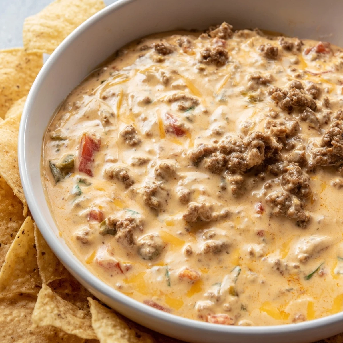 Hot Beef Queso Dip topped with cilantro and jalapeños, served alongside lime wedges and chips.