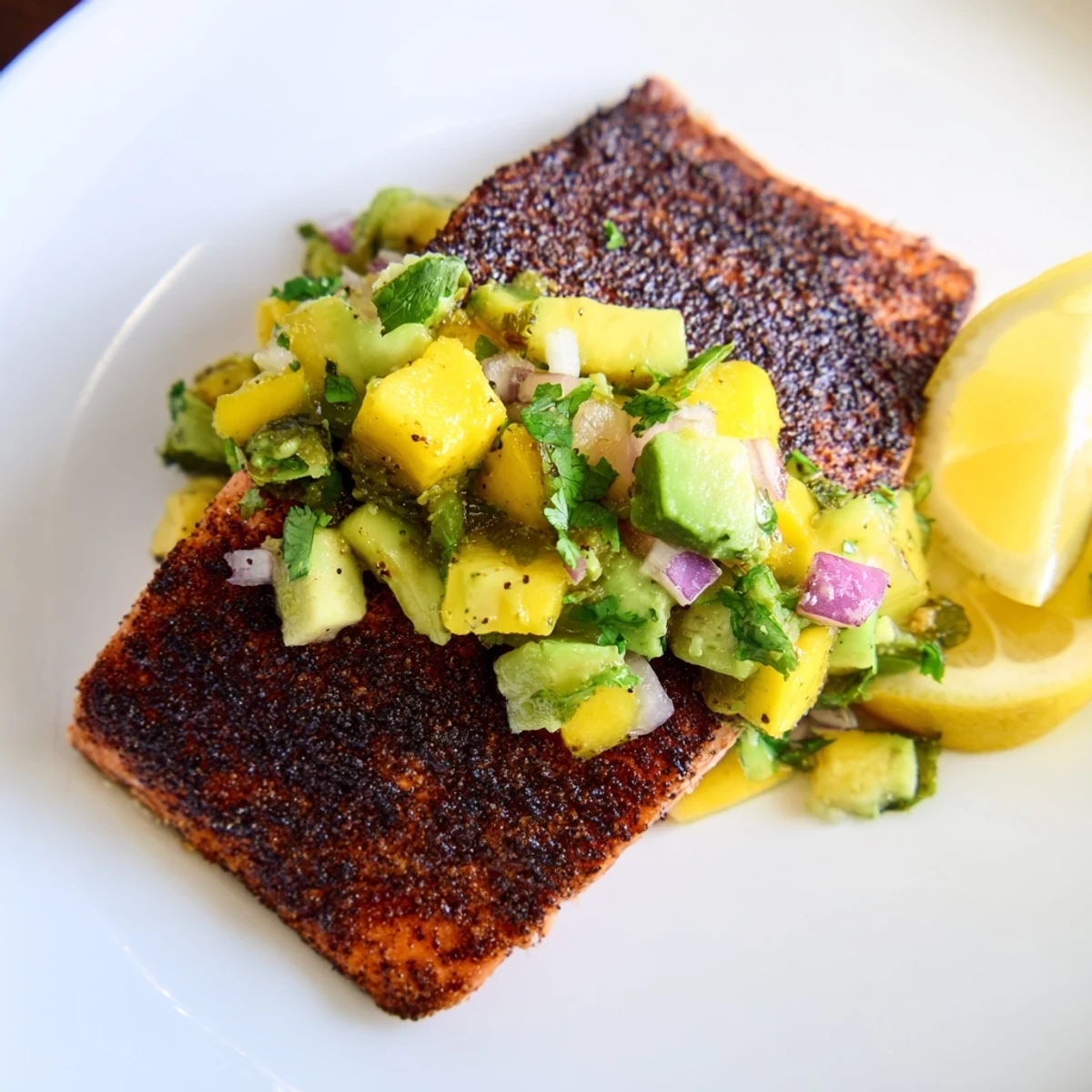Blackened salmon fillets topped with fresh mango avocado salsa served on a white plate.