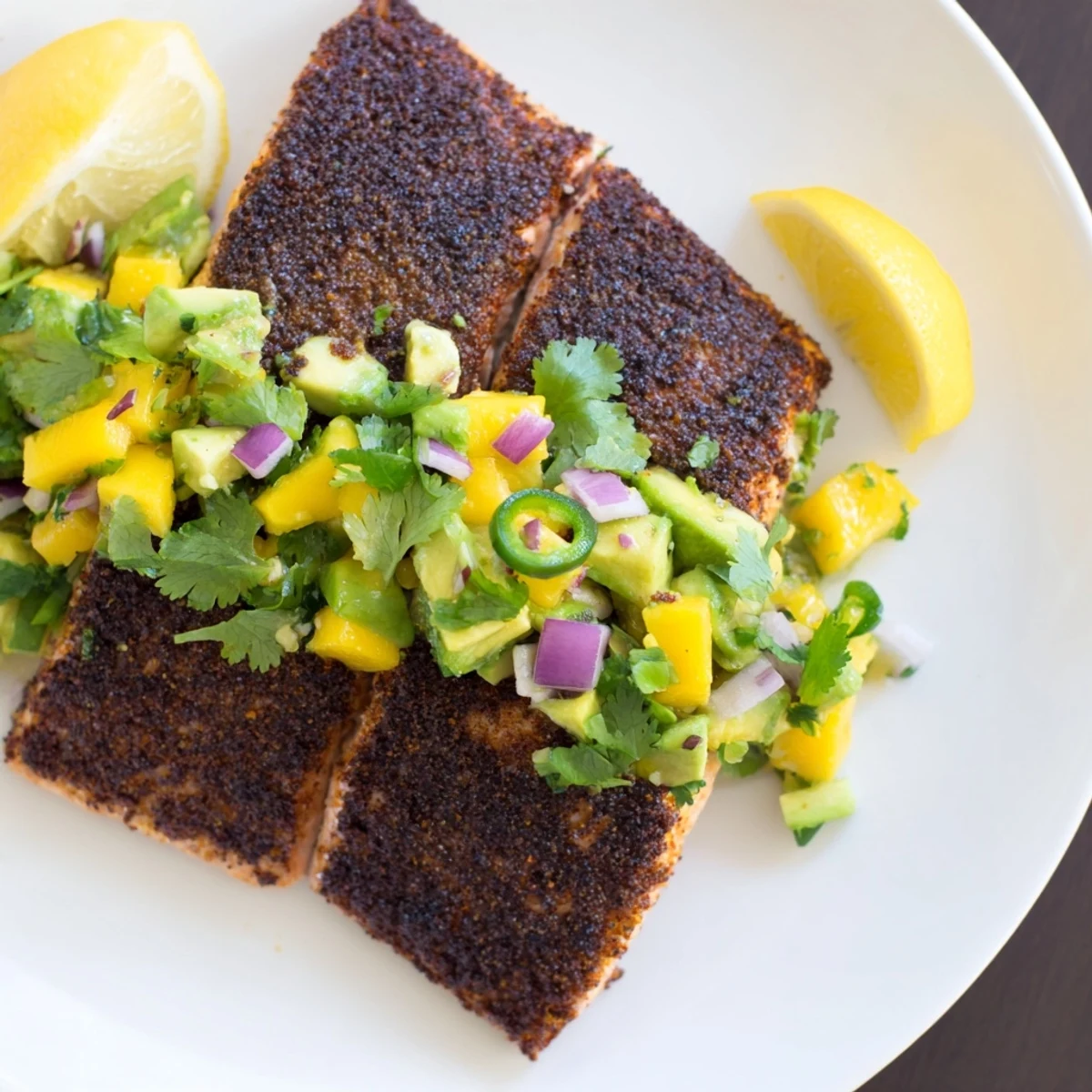 Blackened salmon with mango avocado salsa garnished with lime wedges and cilantro on a plate.