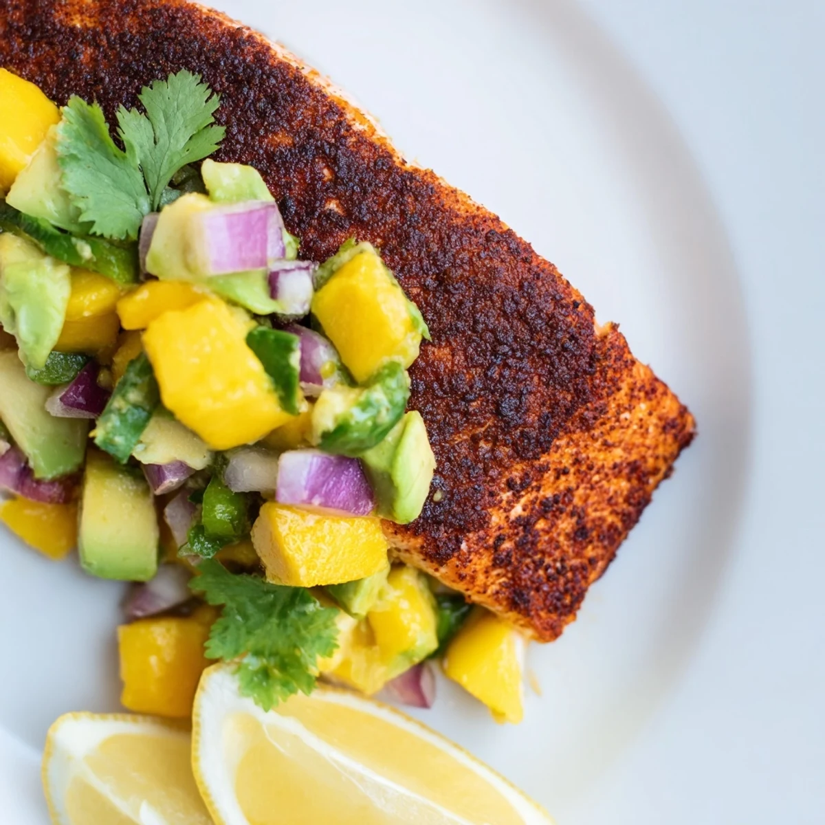 Golden seared blackened salmon fillets topped with diced mango avocado salsa beside lemon wedges.