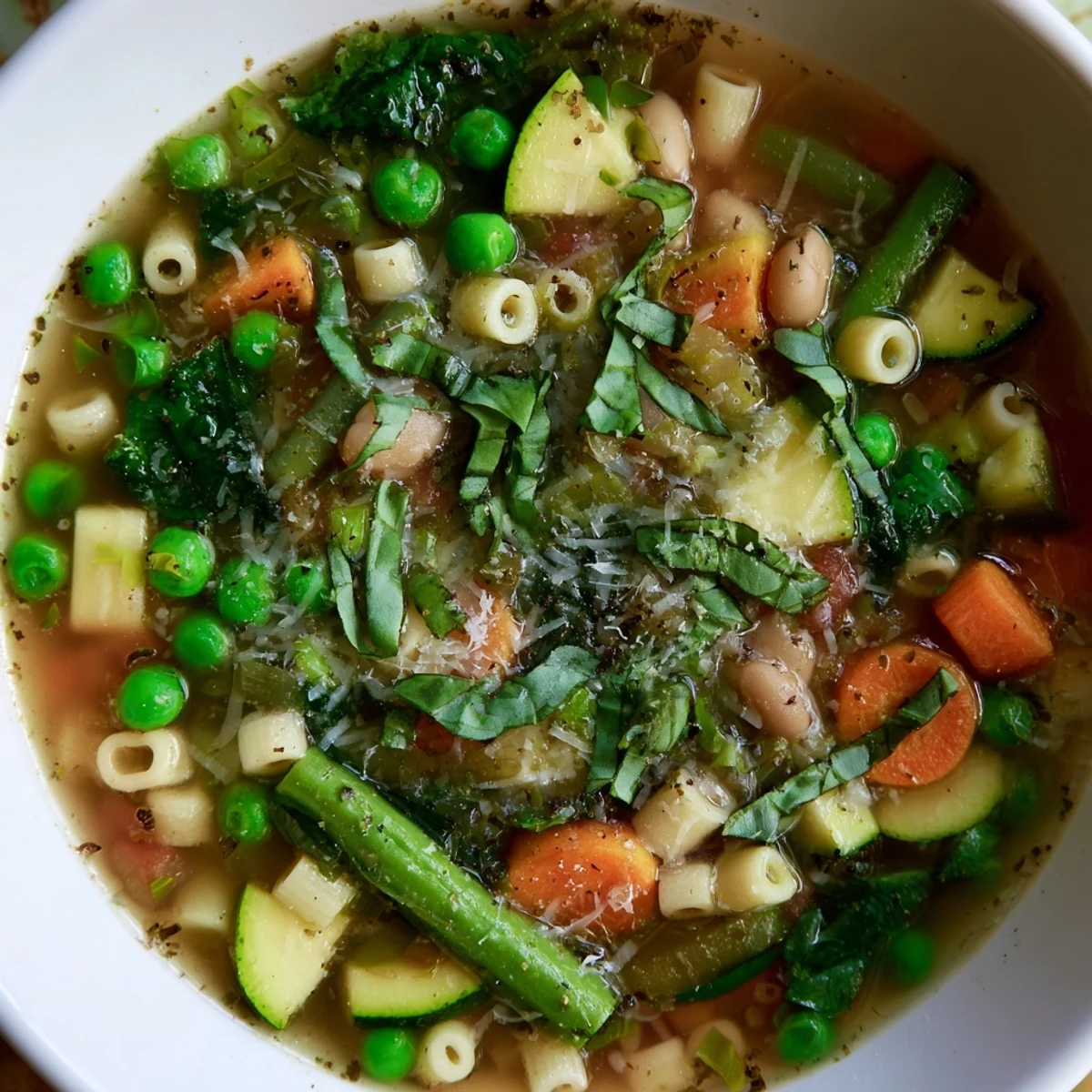 A steaming bowl of Spring Vegetable Minestrone Soup, showcasing fresh green peas, carrots, and ditalini pasta in a rich, herb-infused broth.