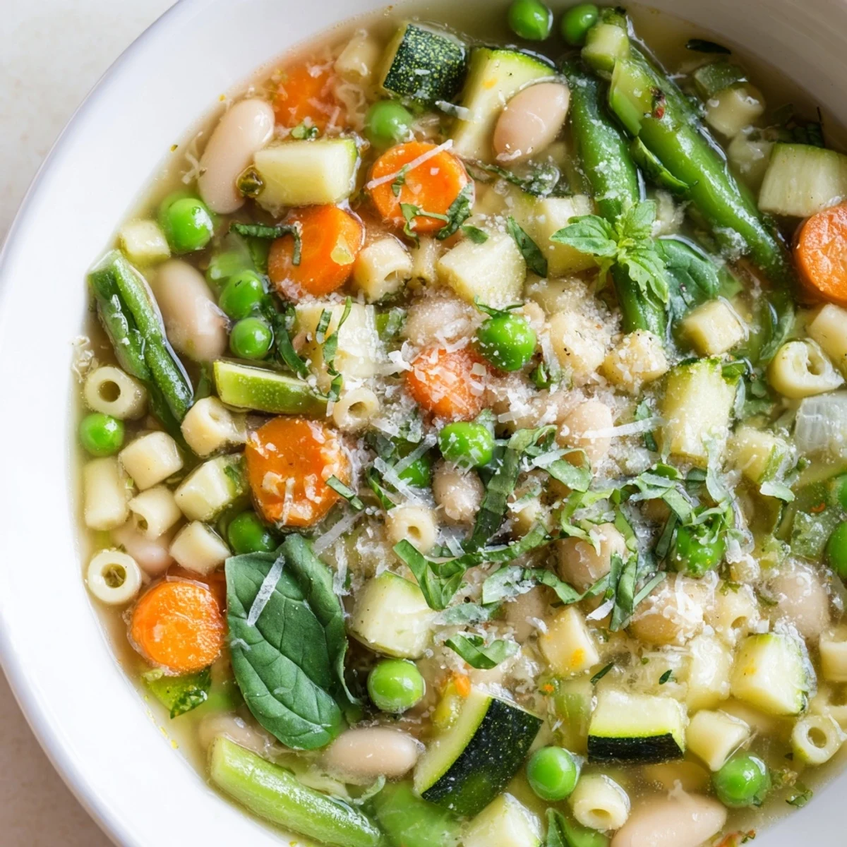 Colorful Spring Vegetable Minestrone Soup served in a rustic bowl, garnished with fresh basil and grated Parmesan, ready for a comforting meal.