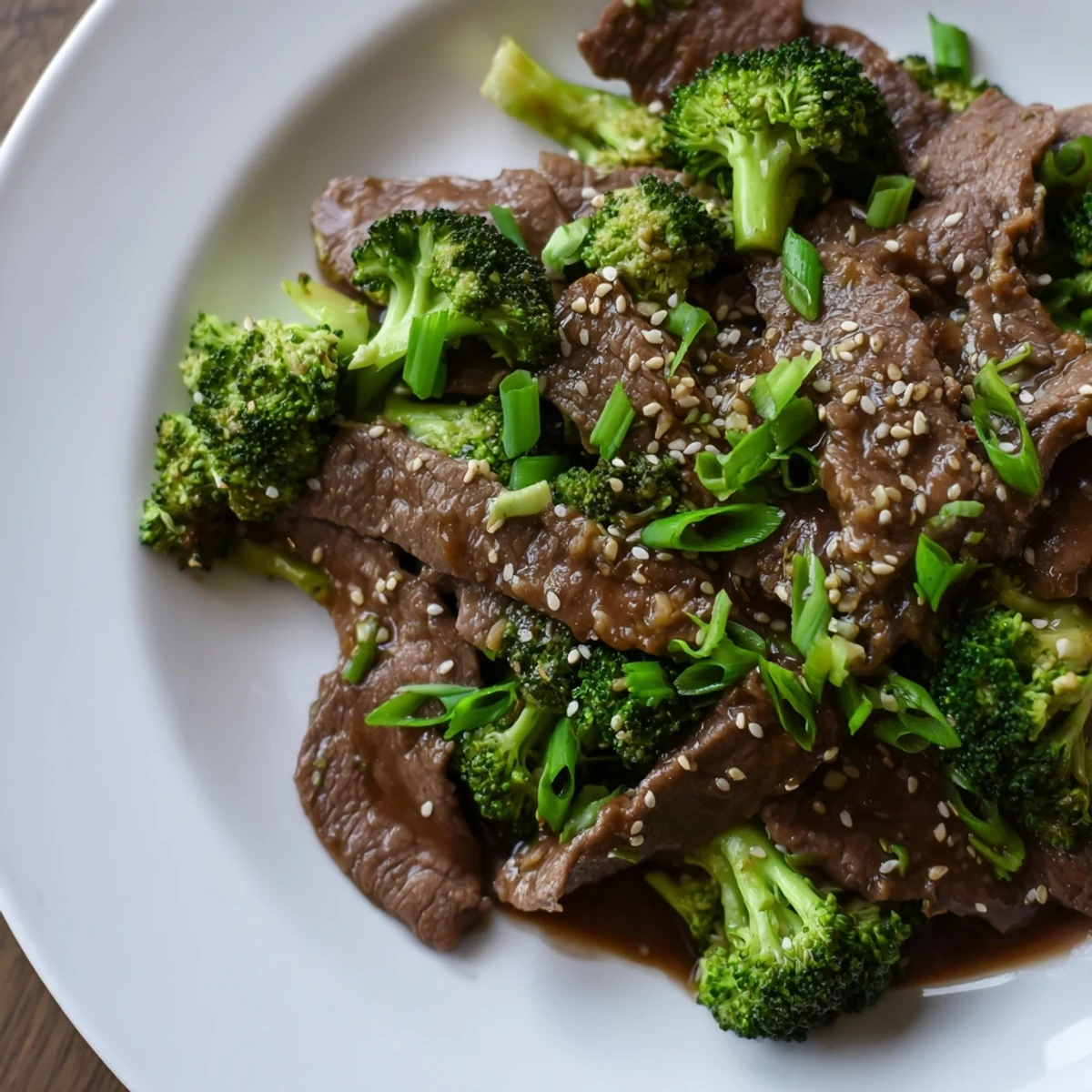 A close-up of tender beef and crisp broccoli tossed in savory ginger sauce, garnished with sesame seeds and scallions.