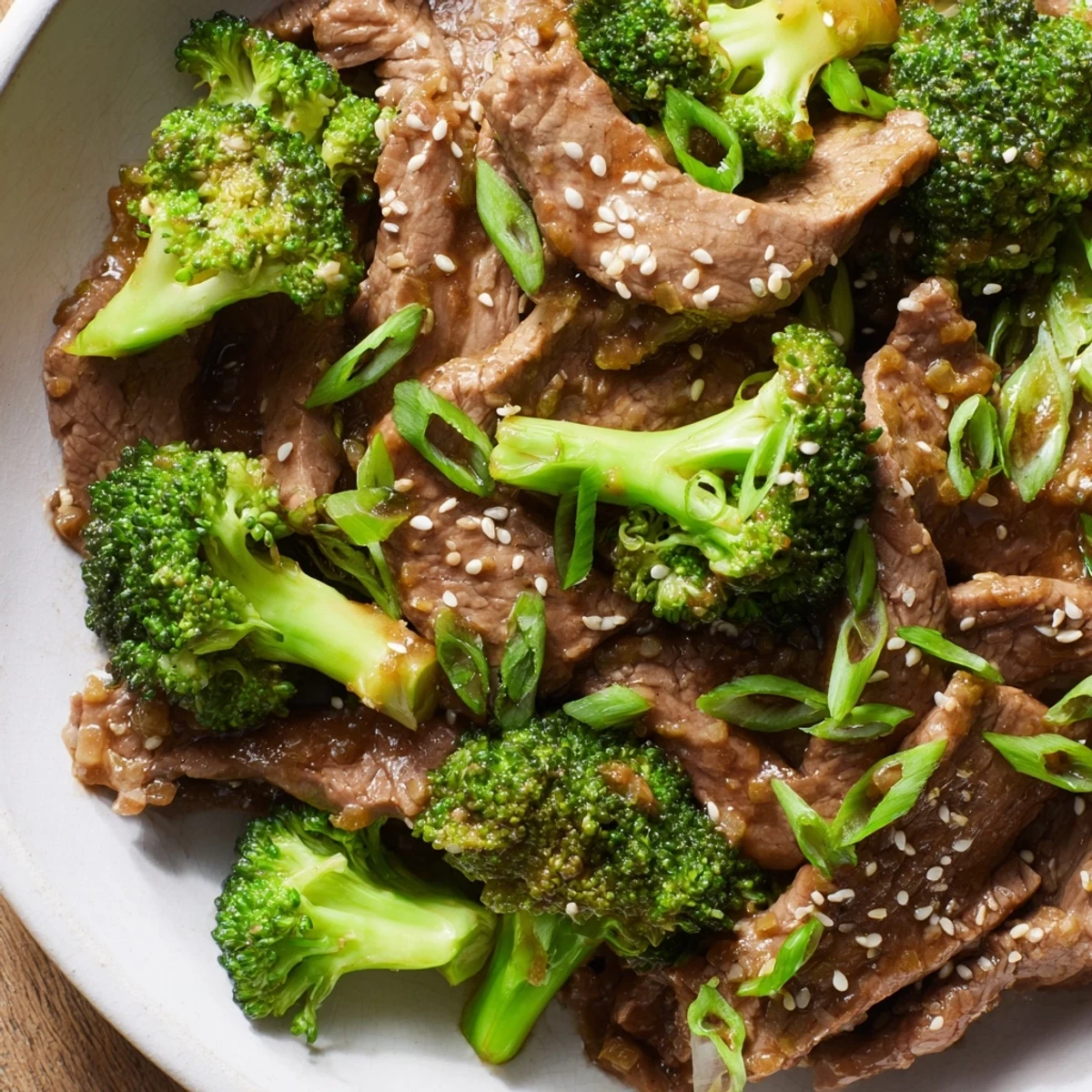 Sizzling beef strips and bright green broccoli florets coated in a glossy ginger sauce, served over steamed rice.