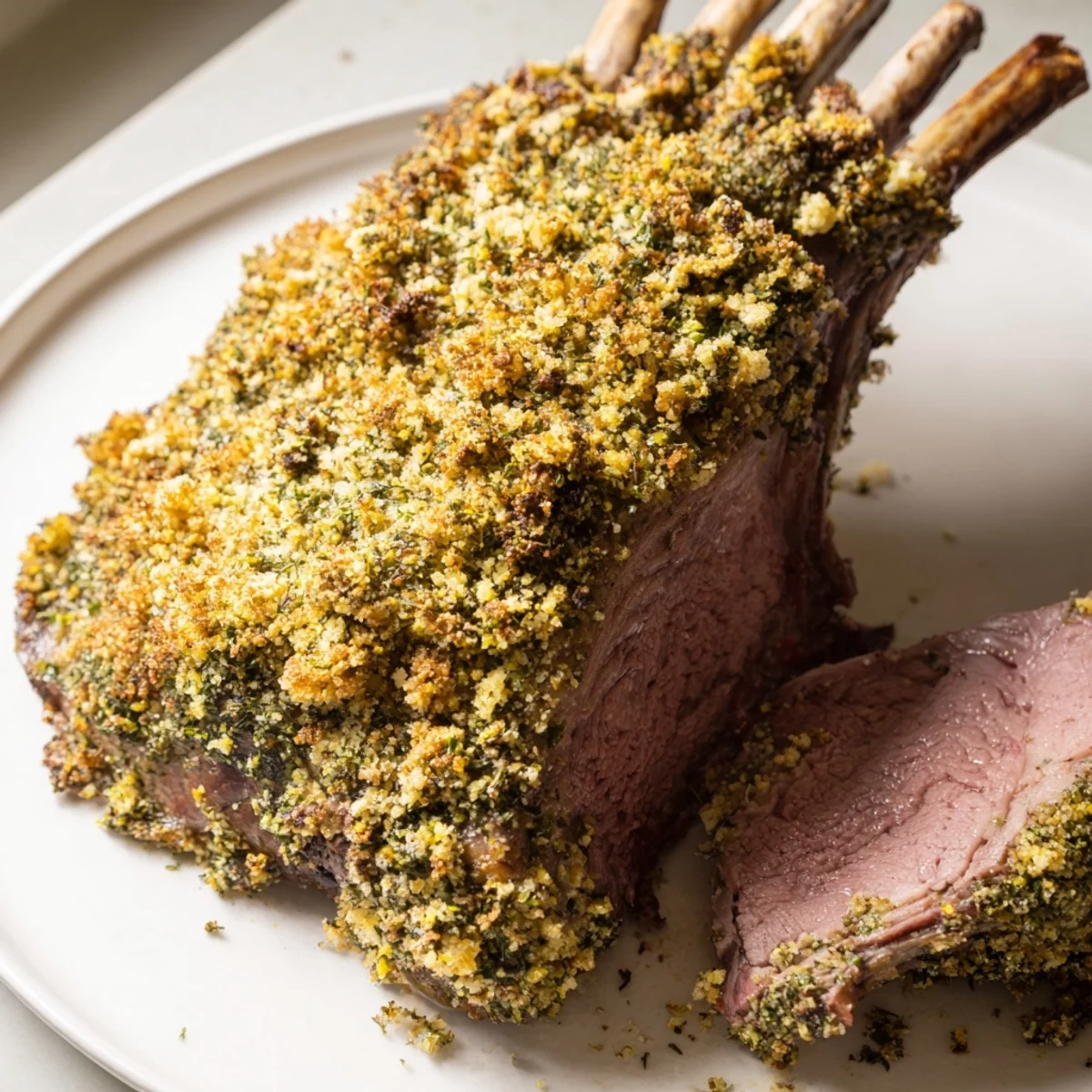 Perfectly cooked Roasted Lamb Rack with Herb Crust served on a wooden board, ready for a special dinner.