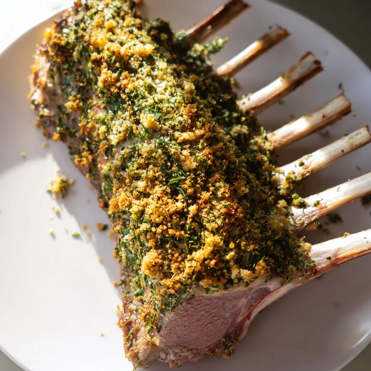 Golden-crusted Roasted Lamb Rack with Herb Crust resting beside roasted potatoes and a glass of red wine.