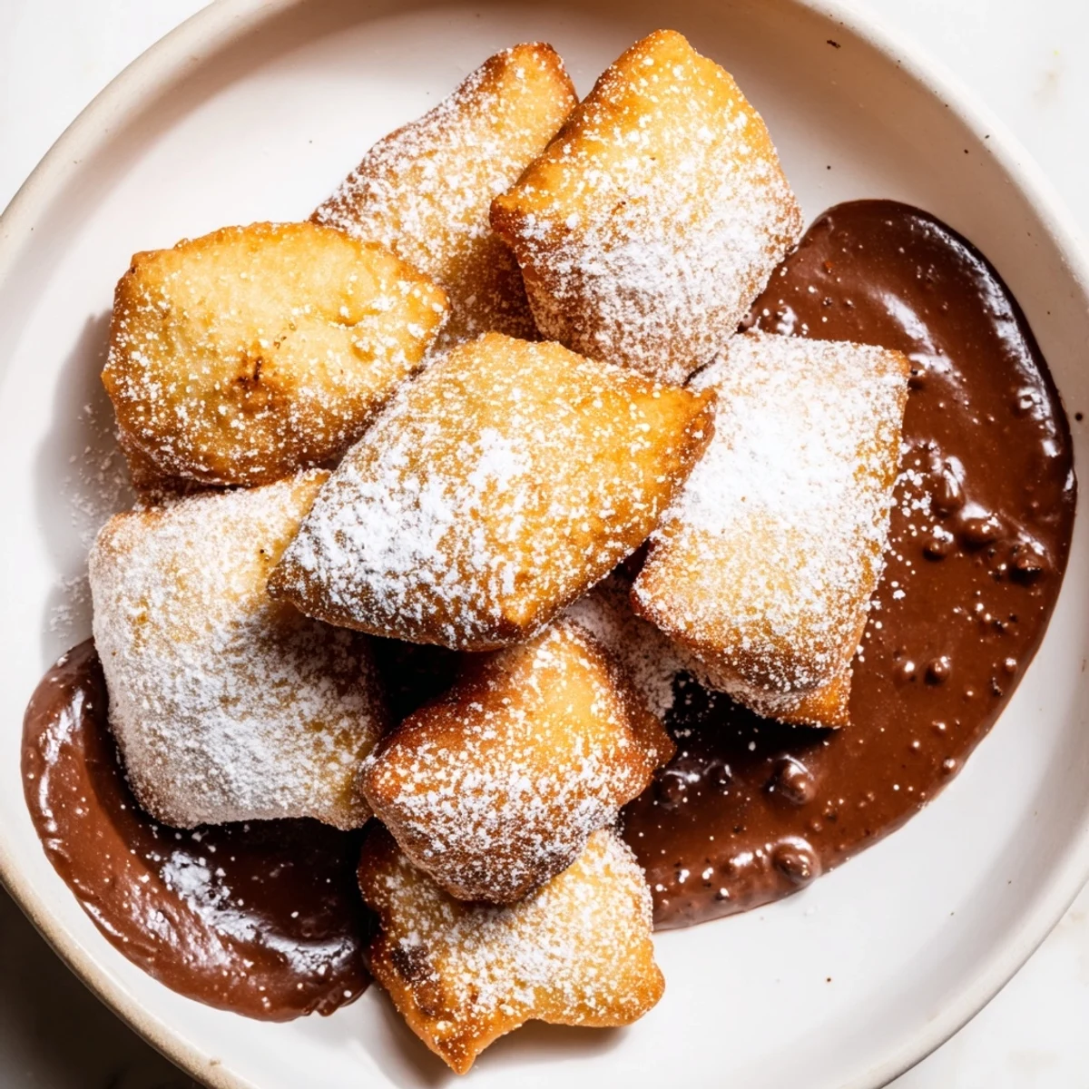 Light, powdered sugar-dusted Mardi Gras beignets stacked high next to a small bowl of silky, warm chocolate sauce.