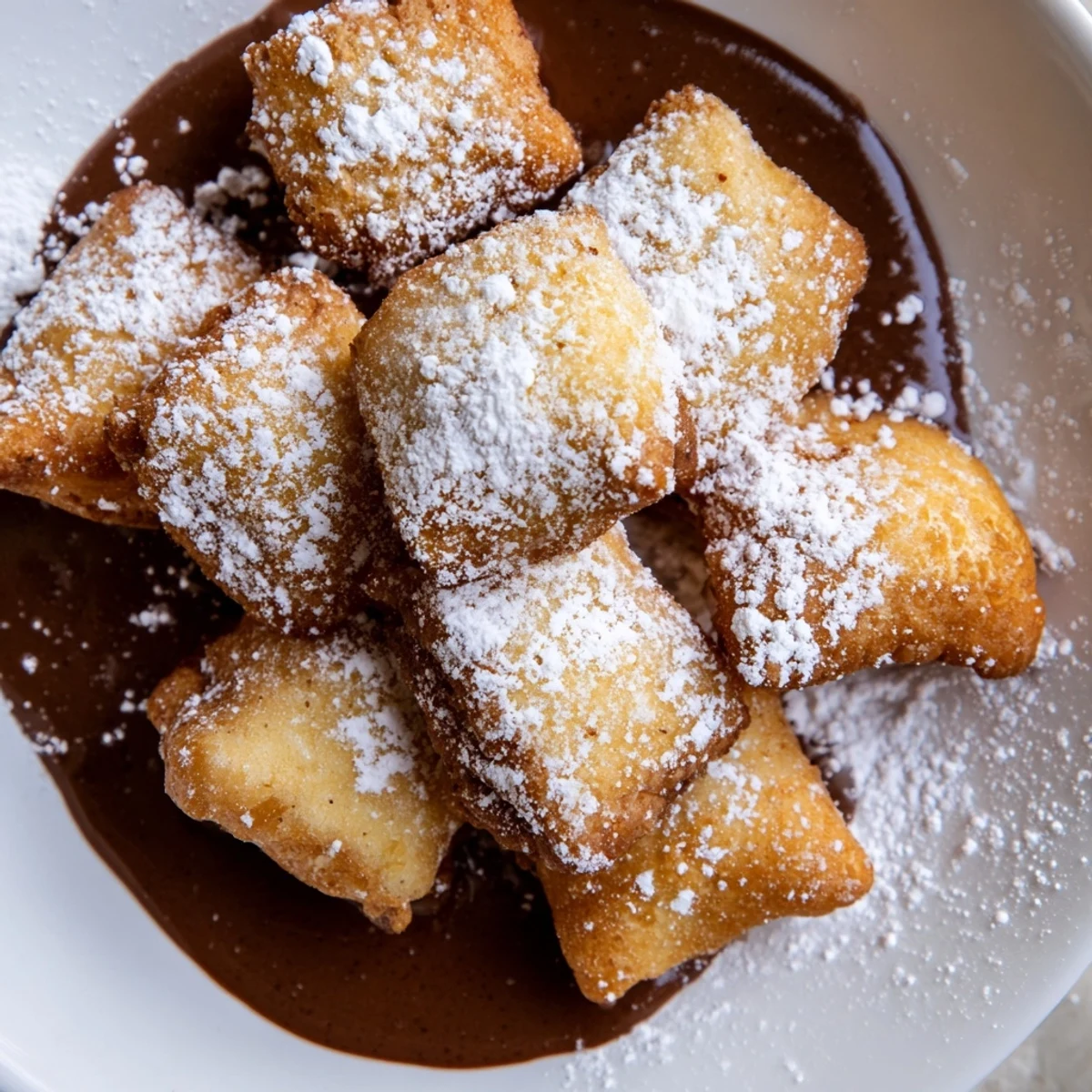 Frying golden, puffy Mardi Gras beignets in hot oil, dusted with powdered sugar and paired with melted chocolate sauce.