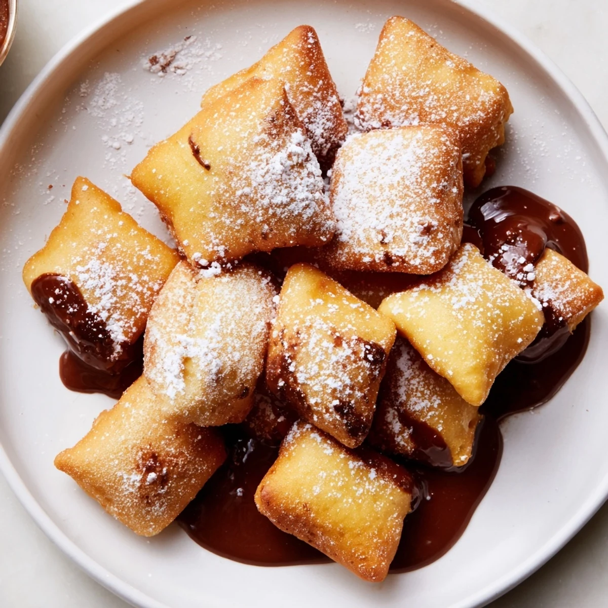 A plate of warm, pillowy Mardi Gras beignets drizzled with glossy chocolate sauce and a dusting of powdered sugar.