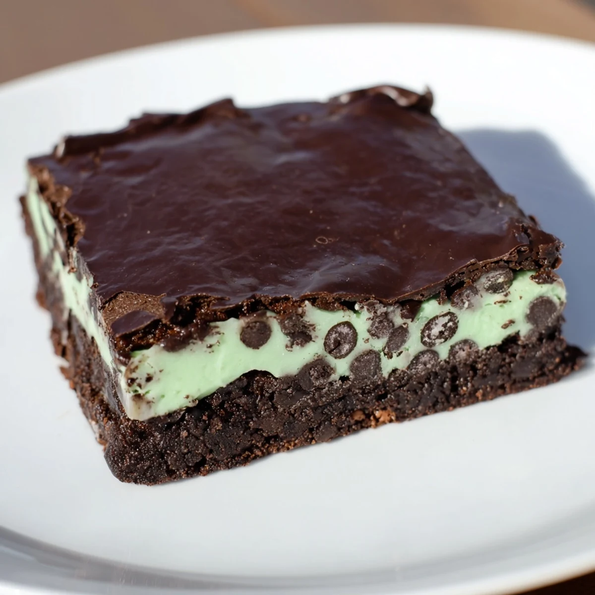Freshly cut squares of Mint Chocolate Chip Brownies showcase a fudgy brownie base, a smooth mint green layer, and a glossy chocolate topping.