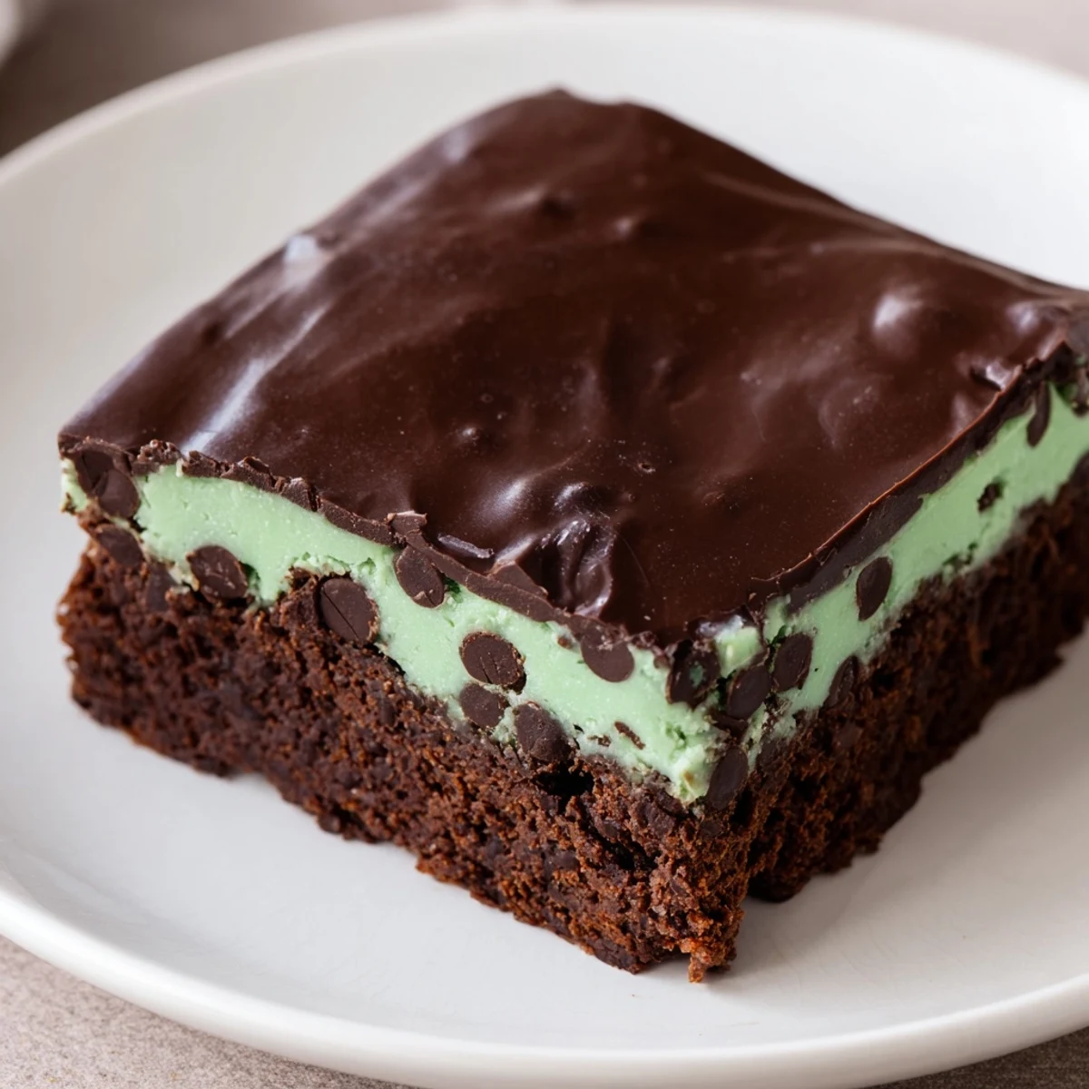 Vivid overhead view of Mint Chocolate Chip Brownies reveals melty chocolate chips in every slice, perfect for a sweet afternoon treat.