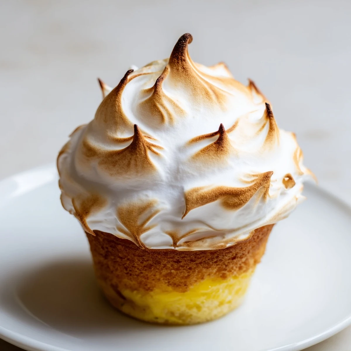 A close-up of Lemon Meringue Cupcakes with golden toasted meringue swirls and a bright lemon curd filling.