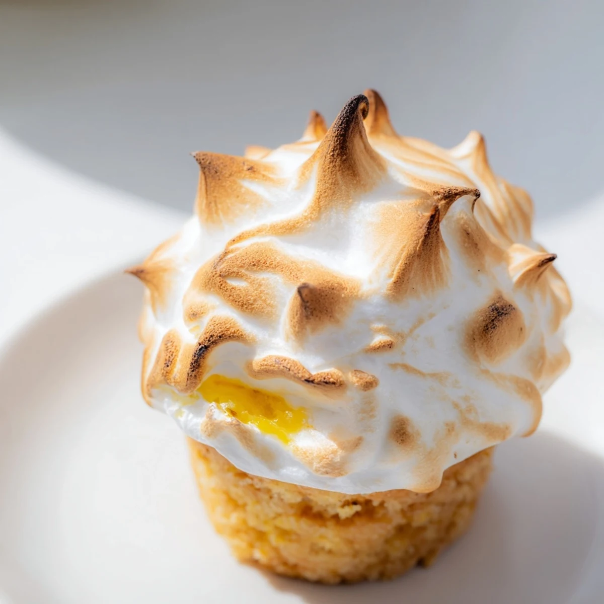 Lemon Meringue Cupcakes displayed on a rustic wooden board, featuring golden-brown meringue peaks and lemon zest.