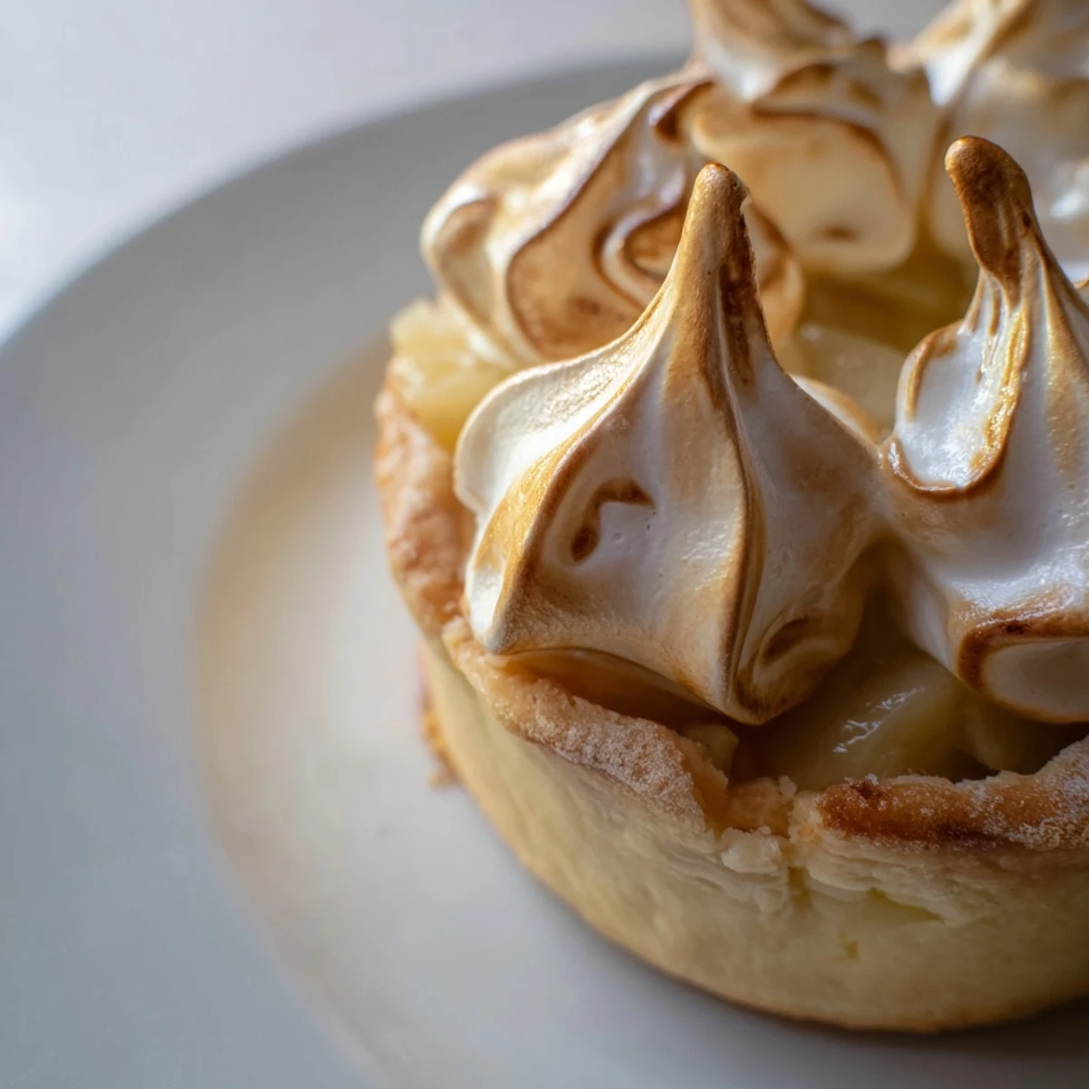 Fresh slices of Irish Apple Amber Tart are served on a rustic plate, showcasing the creamy meringue and tender, sweet-tart apple interior.  