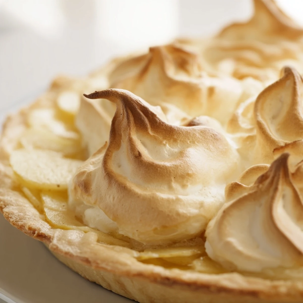 A close-up view of the Irish Apple Amber Tart reveals the crisp pastry base and glossy, golden peaks of homemade meringue.