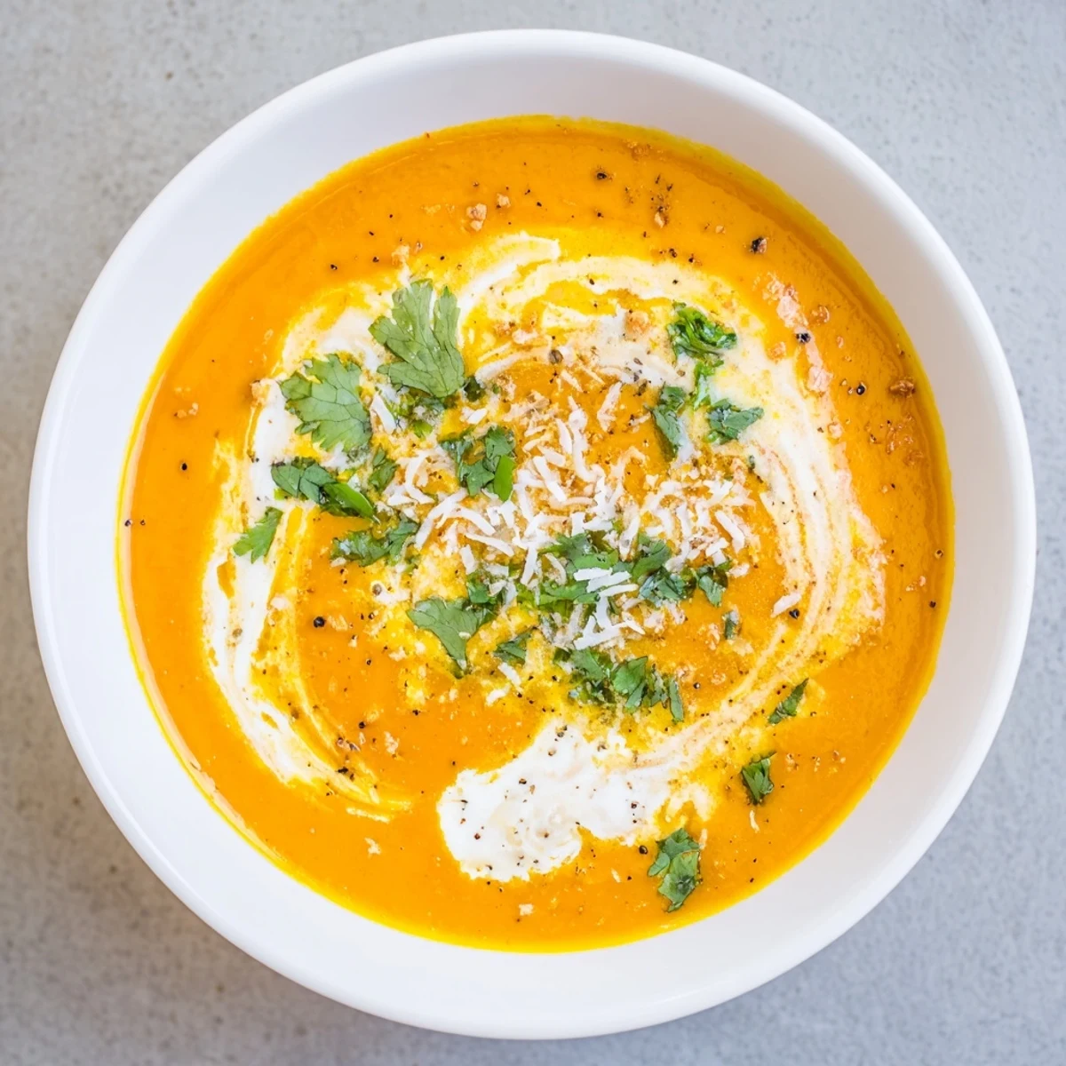 Steaming Carrot and Ginger Soup with Coconut Milk in a rustic bowl, featuring a swirl of coconut cream and a lime wedge on the side.