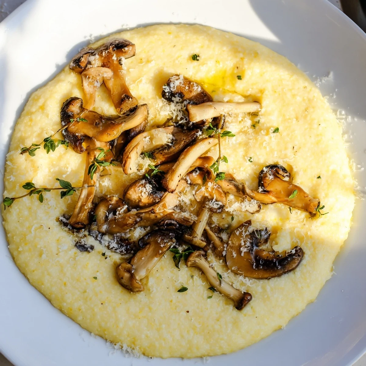Creamy polenta topped with golden roasted mushrooms, garlic, and thyme, served warm in a rustic bowl for a cozy vegetarian meal.
