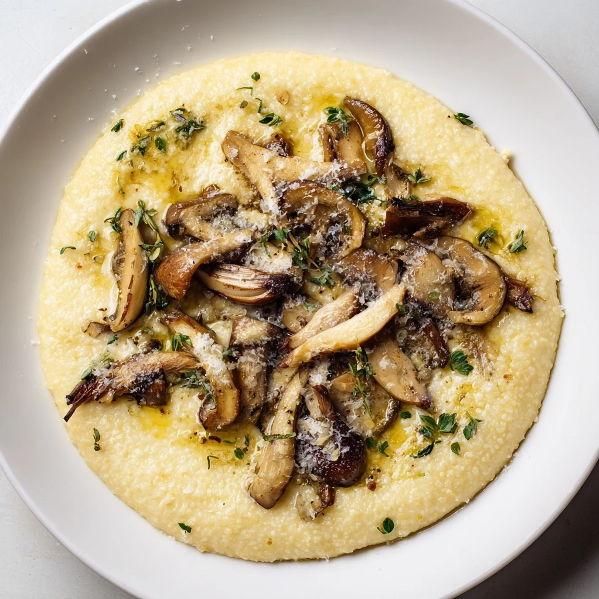 Hearty roasted mushrooms garnished with fresh parsley and Parmesan, resting on a bed of velvety polenta, perfect for an elegant Italian side dish.