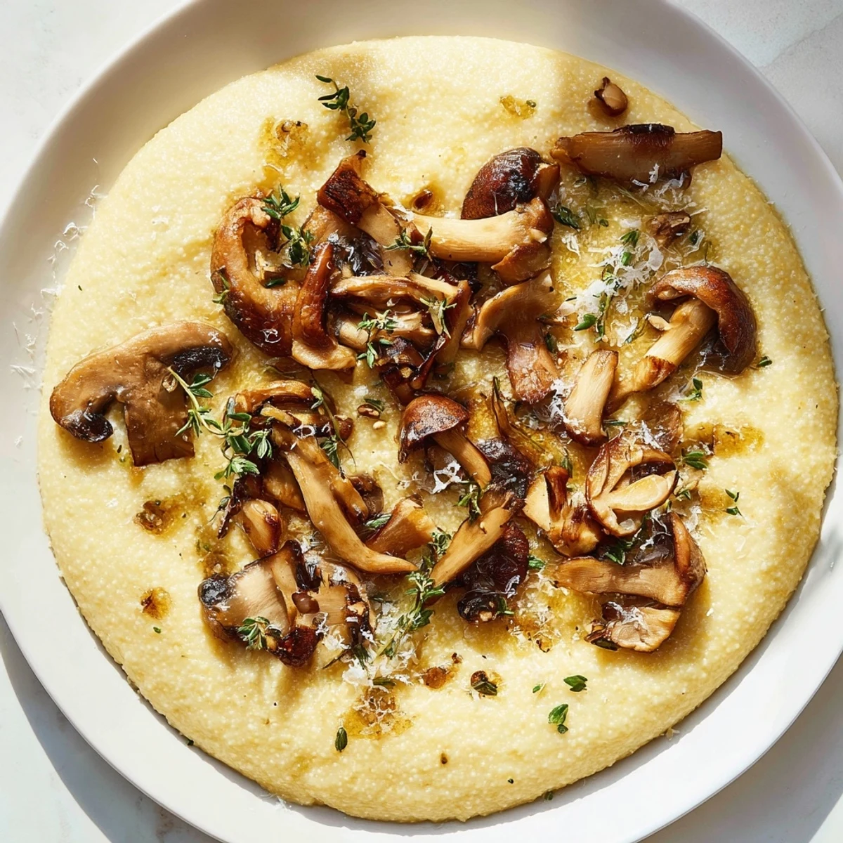 A comforting bowl of creamy polenta with savory roasted mushrooms, drizzled with olive oil and ready to enjoy for a satisfying gluten-free dinner.