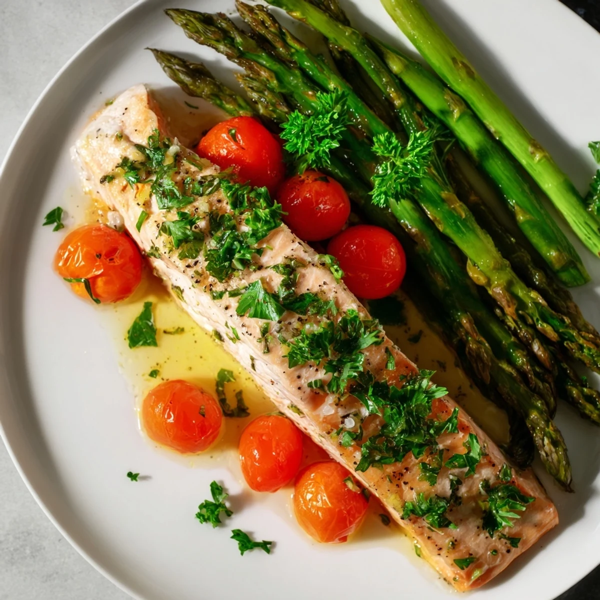 A vibrant sheet pan salmon with asparagus and tomatoes, roasted with lemon and herbs for a colorful, healthy dinner.