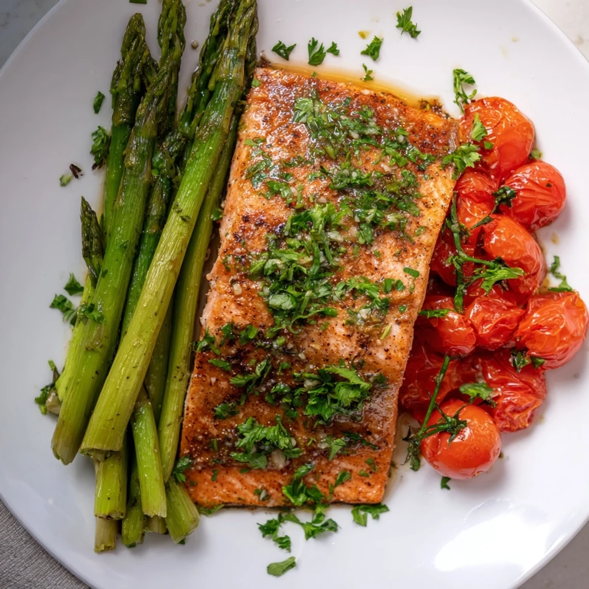 Golden salmon fillets and tender roasted asparagus and tomatoes on a sheet pan, garnished with fresh parsley and lemon wedges.