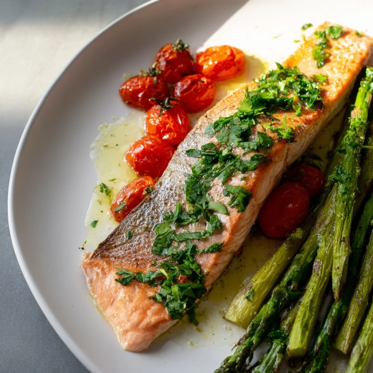Easy sheet pan salmon with asparagus and tomatoes, served hot from the oven with a bright lemony finish.