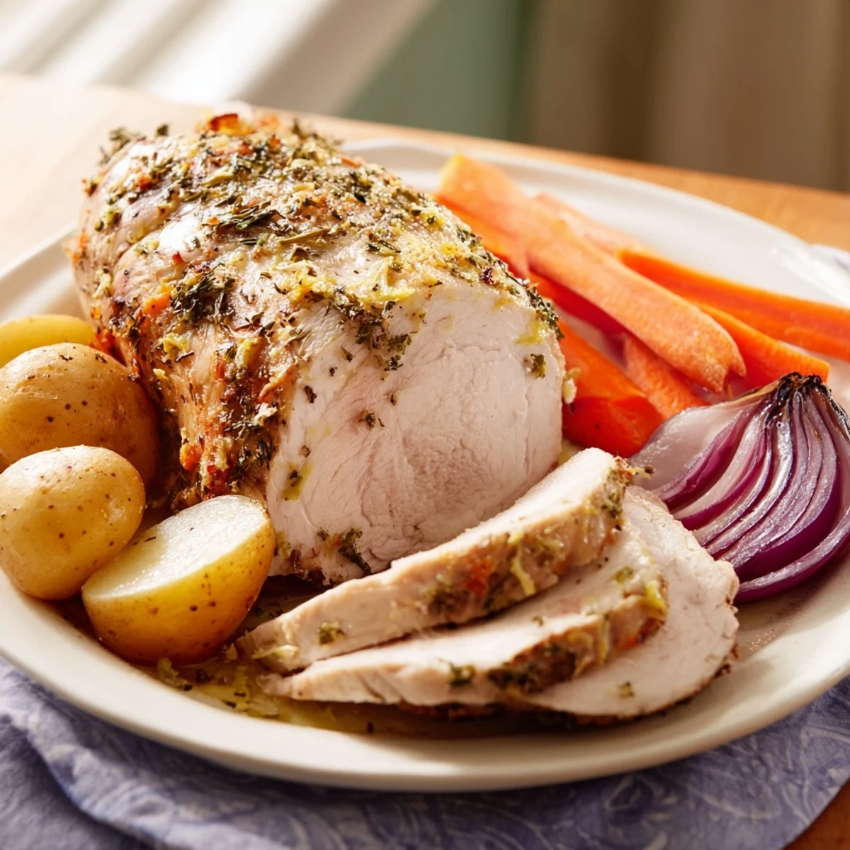 Golden-brown, juicy Sheet Pan Lemon Herb Turkey Breast rests beside roasted baby potatoes, carrots, and red onion on a rustic wooden table.