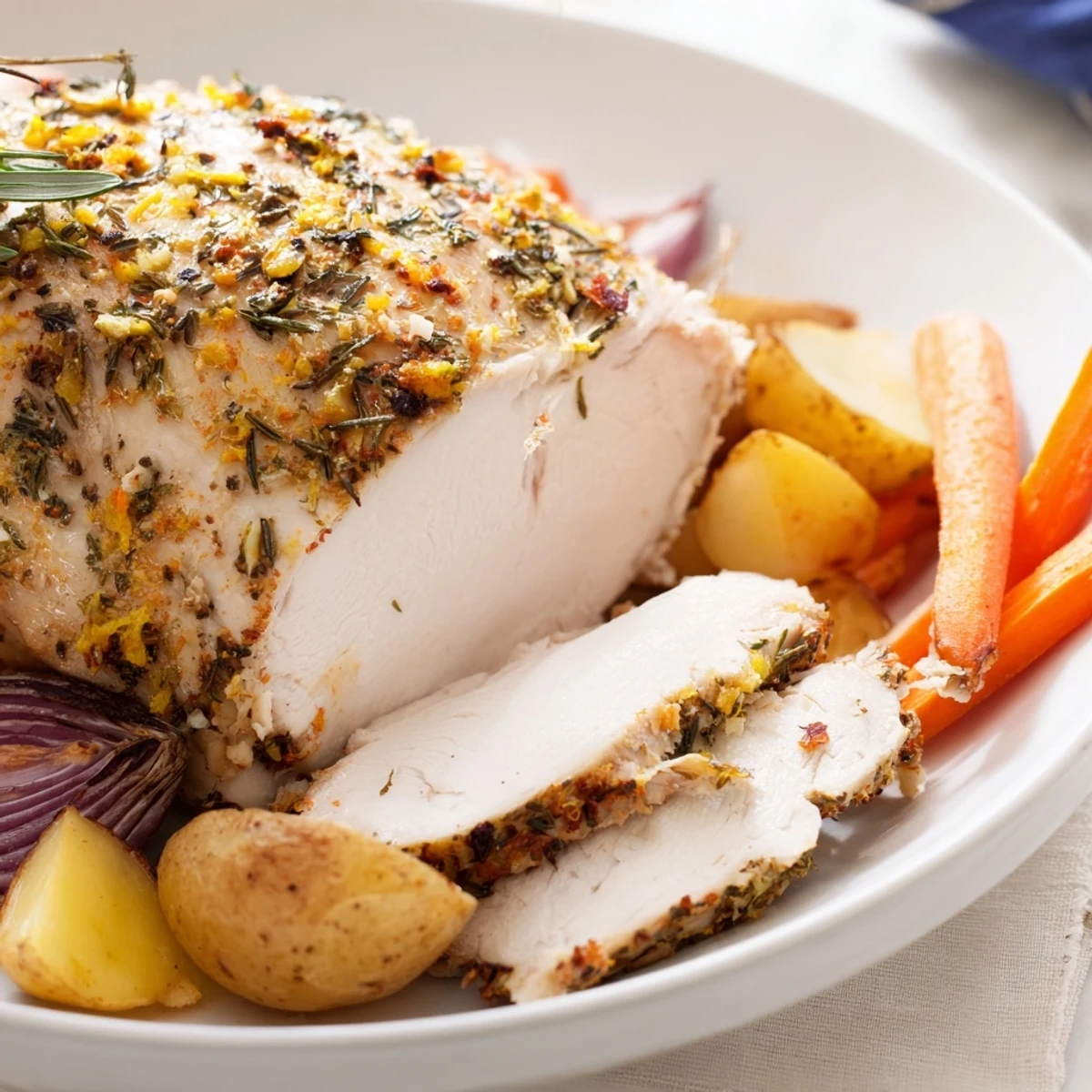 A close-up of tender, lemon-herb seasoned turkey breast slices with glazed vegetables, garnished with fresh rosemary and lemon wedges.