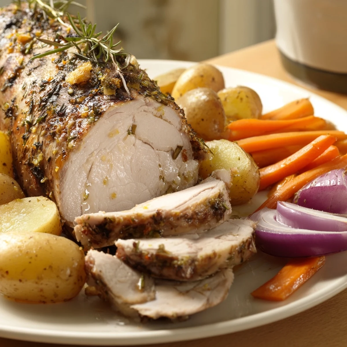 A complete one-pan dinner serving of Sheet Pan Lemon Herb Turkey Breast with vibrant vegetables, ready to be enjoyed by the family.