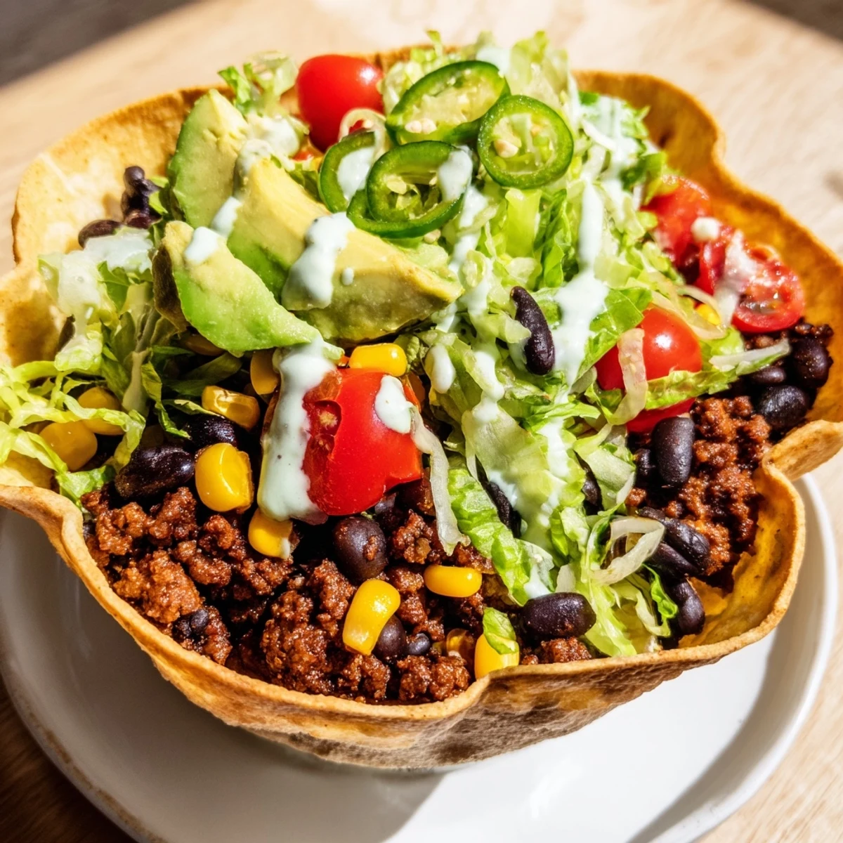 A vibrant Beef Taco Salad with crisp romaine, cherry tomatoes, and zesty sour cream-lime dressing, ready to serve.