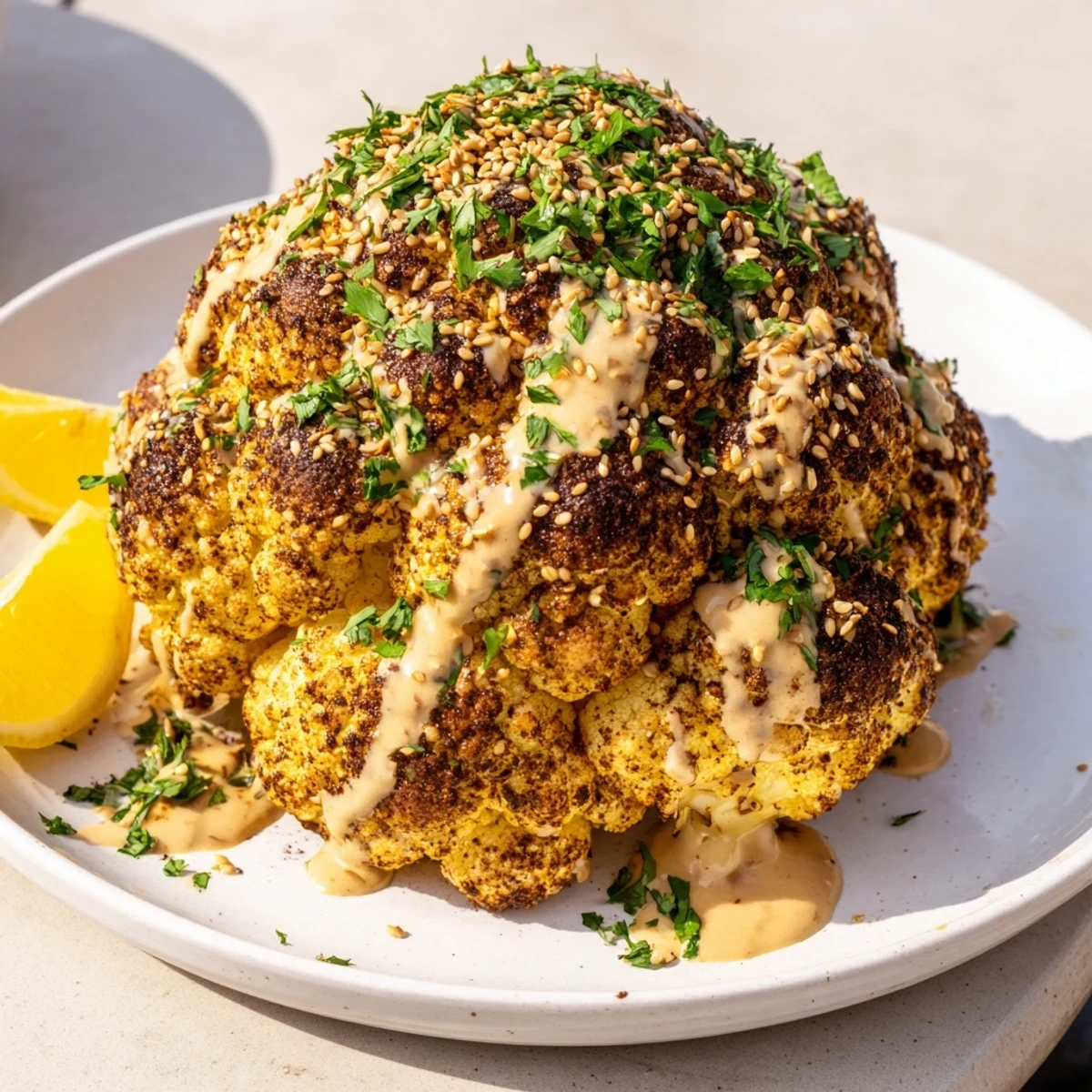 A beautifully roasted whole cauliflower with tahini drizzle, garnished with parsley and sesame seeds.