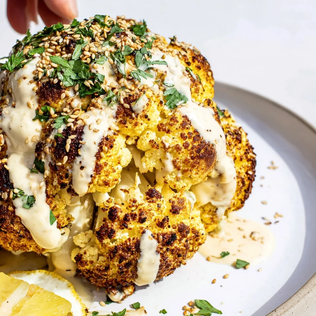 Tender golden cauliflower with creamy tahini sauce, perfect vegan centerpiece for a family dinner.