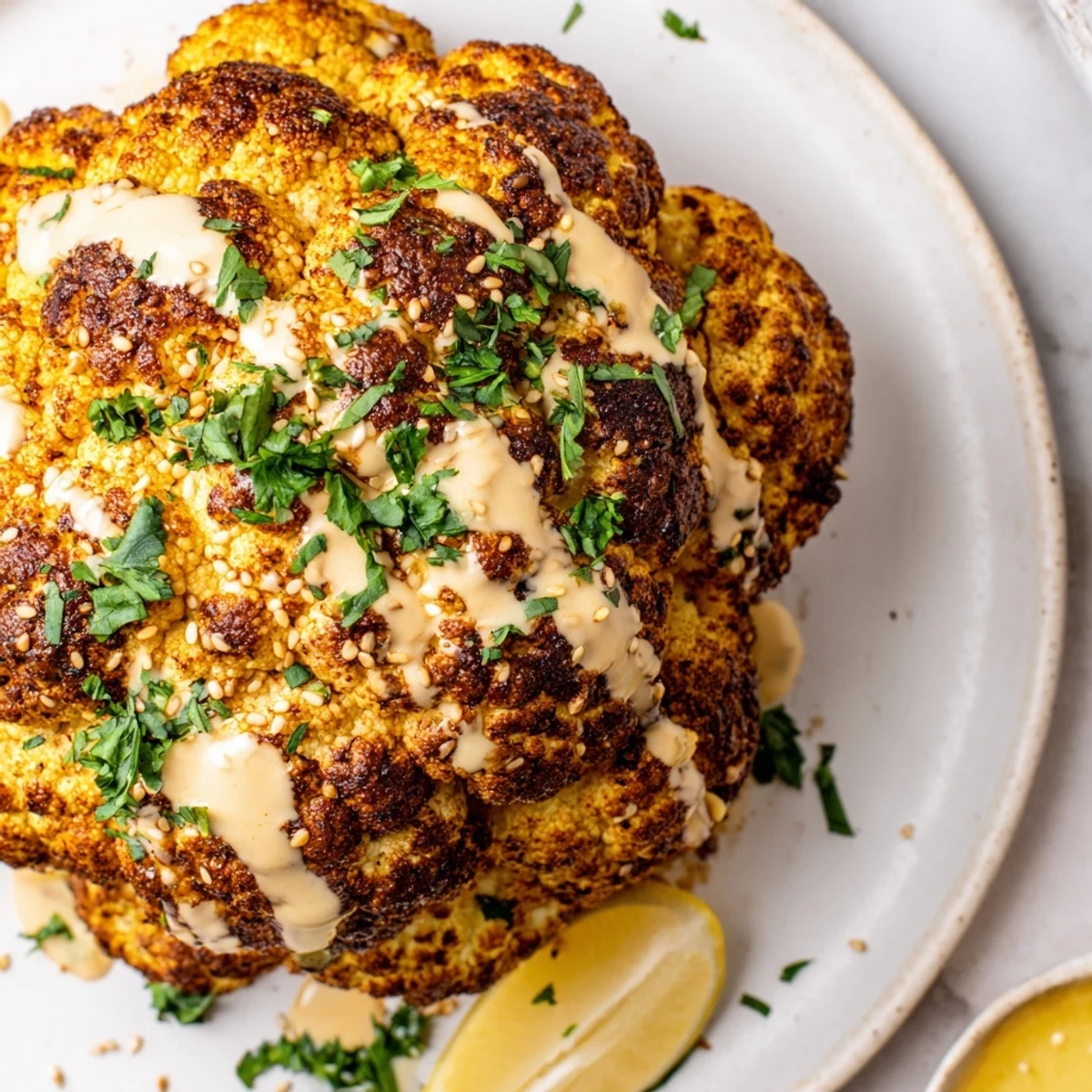 The Whole Roasted Cauliflower with Tahini Drizzle shines on a platter with lemon wedges for serving.