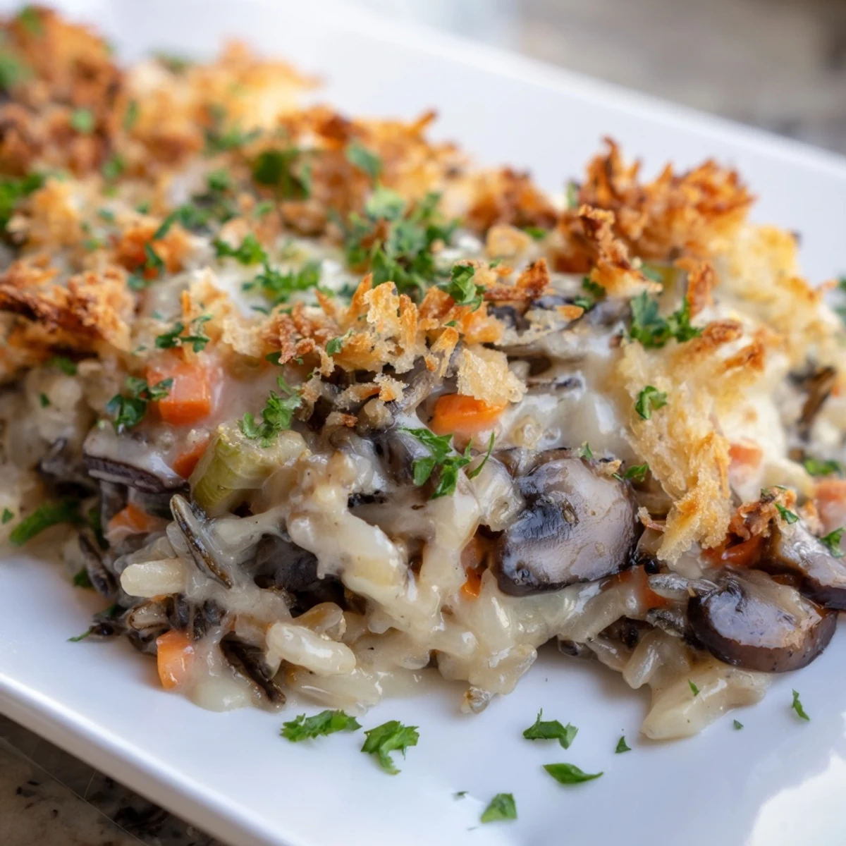 A close-up of the golden, bubbling Creamy Mushroom and Wild Rice Casserole straight from the oven, with steam rising from the melted Gruyère topping.
