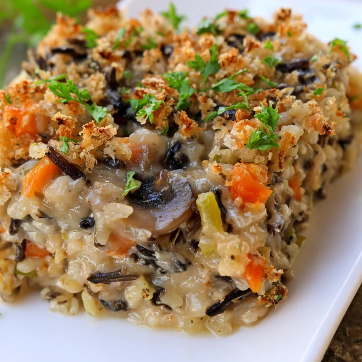 Serving of the Creamy Mushroom and Wild Rice Casserole in a white bowl, showing creamy sauce coating tender mushrooms and hearty wild rice.