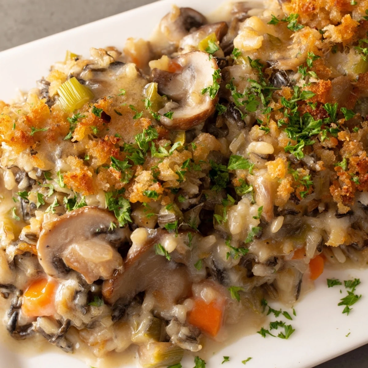 A hearty spoonful of Creamy Mushroom and Wild Rice Casserole lifted from the pan, revealing the rich, savory sauce and earthy mushroom texture.