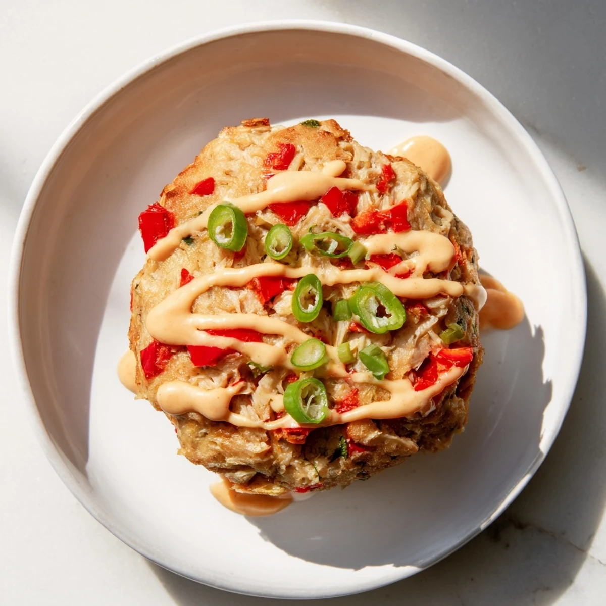 Golden-brown, pan-fried Spicy Tuna Cakes with Sriracha Mayo rest on a white plate, garnished with fresh green onions and cilantro, perfect as a party snack.  