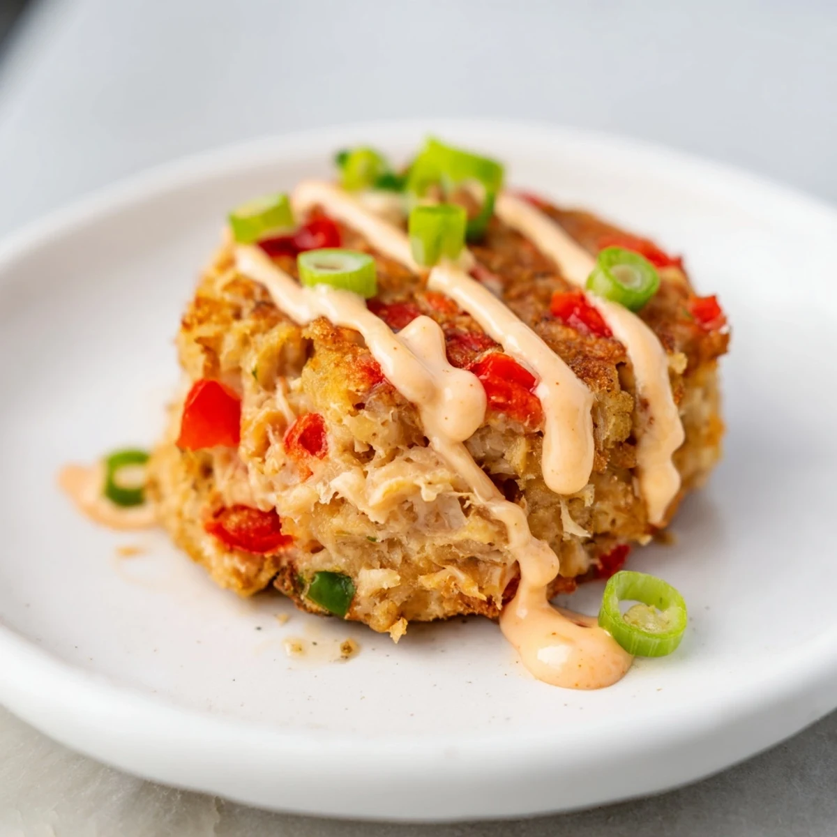 Eight crispy, golden Spicy Tuna Cakes with Sriracha Mayo are arranged on a platter, accompanied by a small bowl of creamy dipping sauce and lime wedges.  