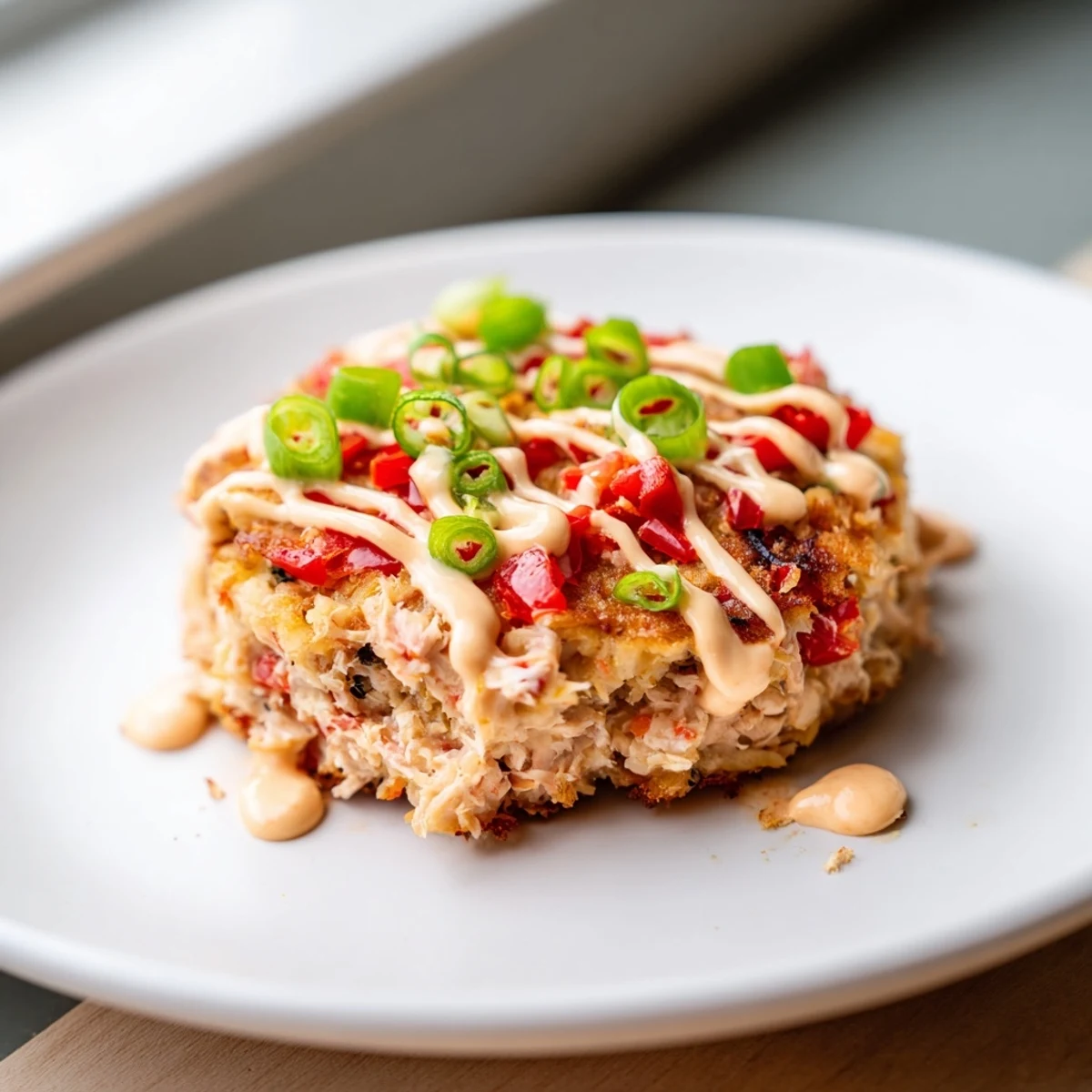 Freshly cooked Spicy Tuna Cakes with Sriracha Mayo sit atop a bed of mixed greens, showcasing their crunchy exterior and tender, flaky interior.