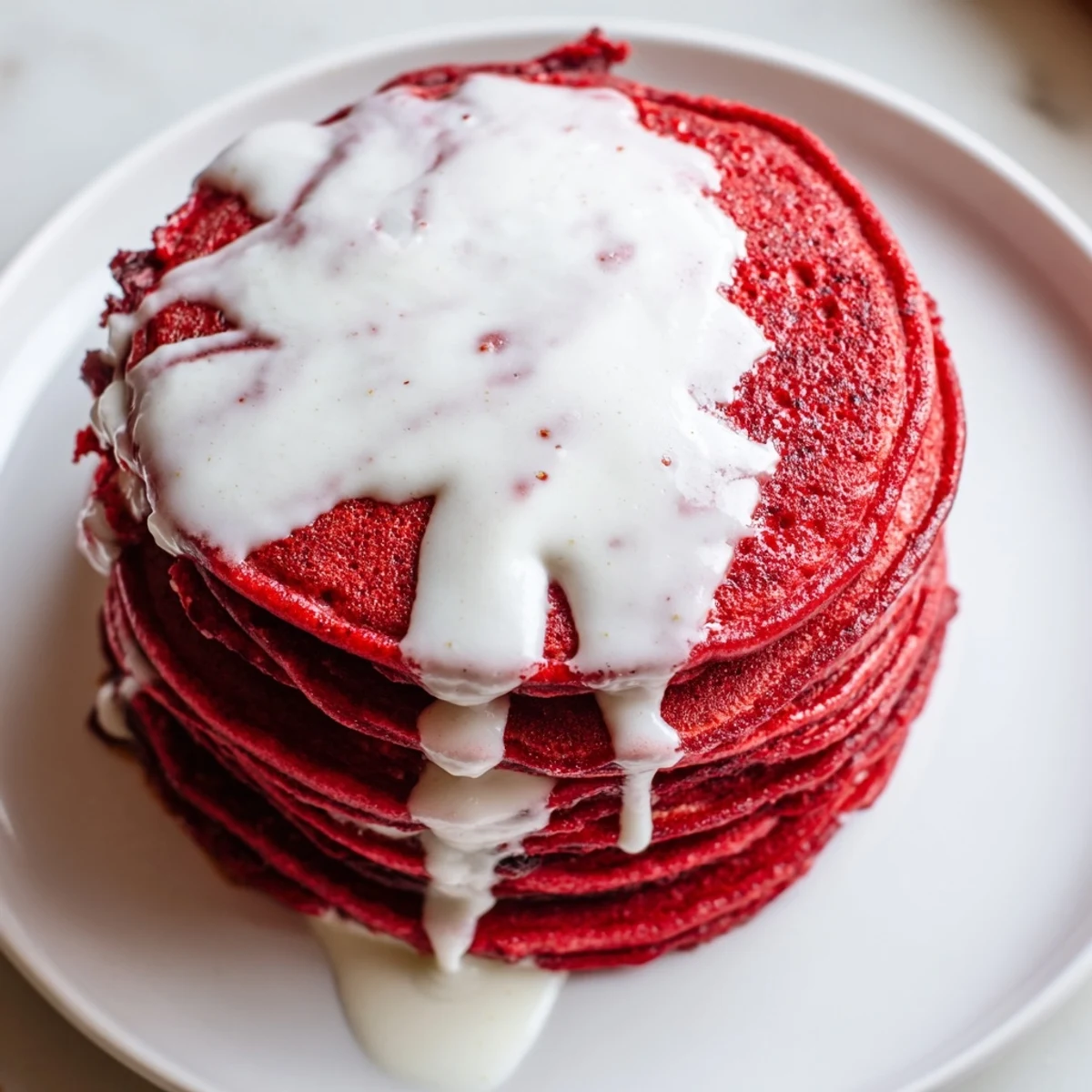 Fluffy stack of Red Velvet Pancakes with Cream Cheese Glaze, drizzled in a sweet, creamy icing on a rustic plate.