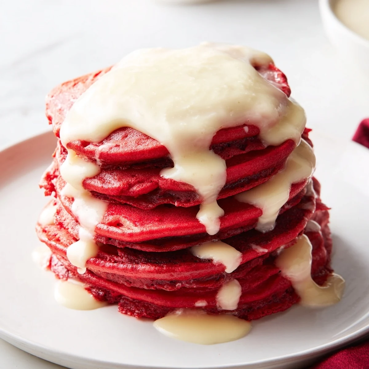 Warm Red Velvet Pancakes with Cream Cheese Glaze are ready to serve alongside fresh berries for a perfect American breakfast.